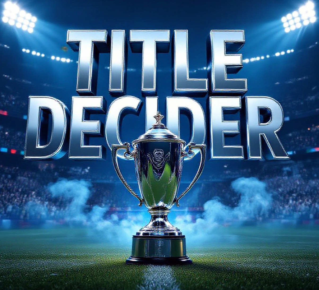 A viral, hyper-realistic YouTube thumbnail with a kinetic, electric rugby stadium atmosphere. The background is a dramatic night-time Stade de France packed with roaring crowds, blue flares and swirling smoke under floodlights. The composition uses a dramatic low-angle shot to focus on the main subject: a gleaming Six Nations Championship Trophy dramatically lit from below. Image size should be 3:2.
The image features massive 3D typography with strict hierarchy:
The Primary Text reads exactly: 'TITLE DECIDER'. This text is massive, the largest element in the frame, rendered in polished chrome silver with glowing blue edges and subtle motion blur like a premium cinematic render.
The Secondary Text reads exactly: 'SUPER SATURDAY'. This text is significantly smaller, positioned angled below the main text. It features a thick, fiery red outline with white fill and slight explosion particles to contrast against the dark background. Make sure text 2 has completely different style and effects from text 1.
