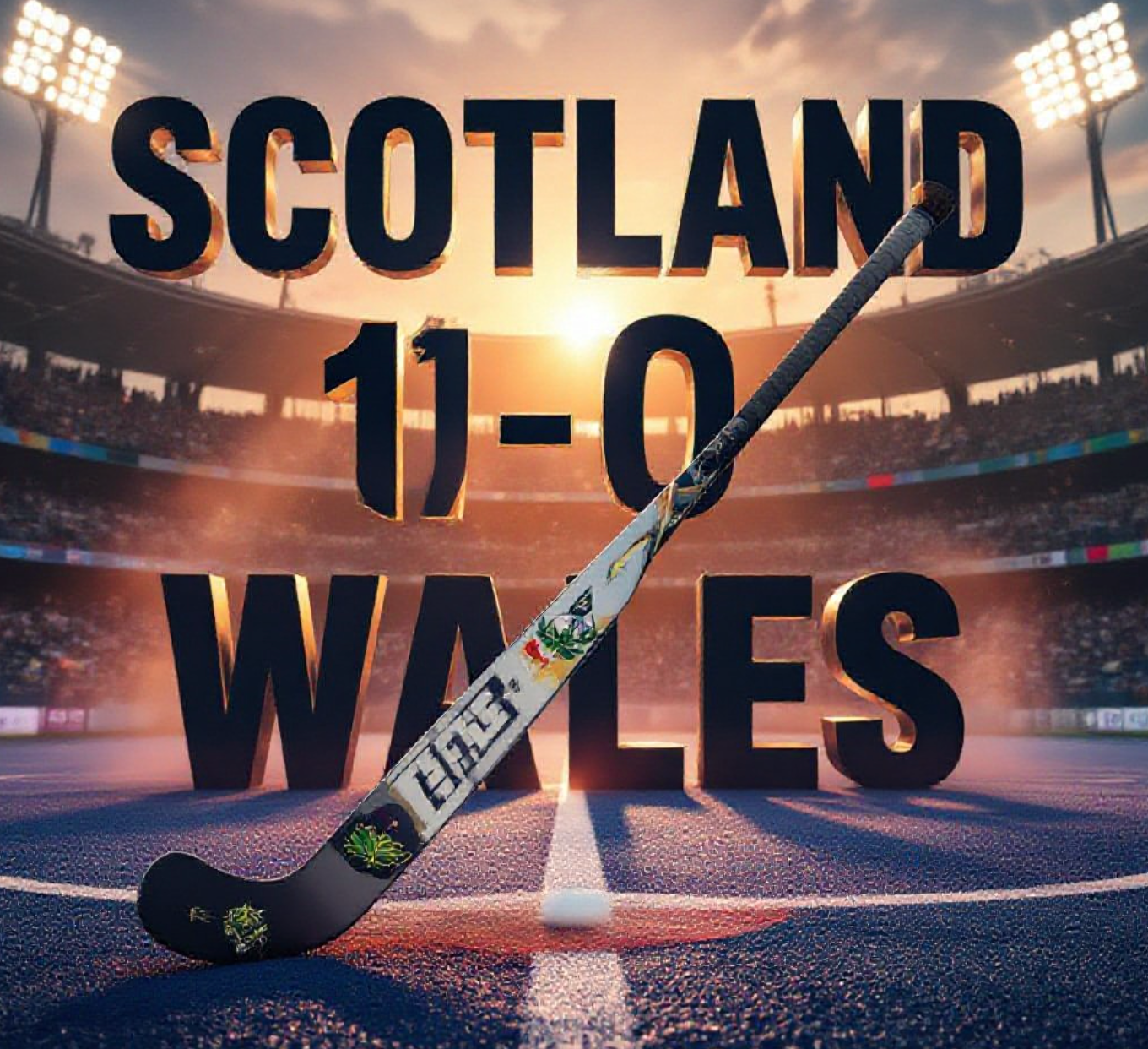 A viral, hyper-realistic YouTube thumbnail with a intense sports atmosphere. The background is a packed Hyderabad stadium at golden hour with orange dust in the air and dramatic floodlights cutting through haze. The composition uses a low-angle cinematic shot to focus on the main subject: a gleaming hockey stick planted firmly in the turf with a Scottish thistle emblem on the handle. Image size should be 3:2.
The image features massive 3D typography with strict hierarchy:
The Primary Text reads exactly: 'SCOTLAND 1-0 WALES'. This text is massive, the largest element in the frame, rendered in brushed Scottish blue metal with glowing edges to look like a high-budget 3D render.
The Secondary Text reads exactly: 'World Cup Qualifier Drama'. This text is significantly smaller, positioned below the main text. It features a thick white sticker-style border with red outline to contrast against the background.