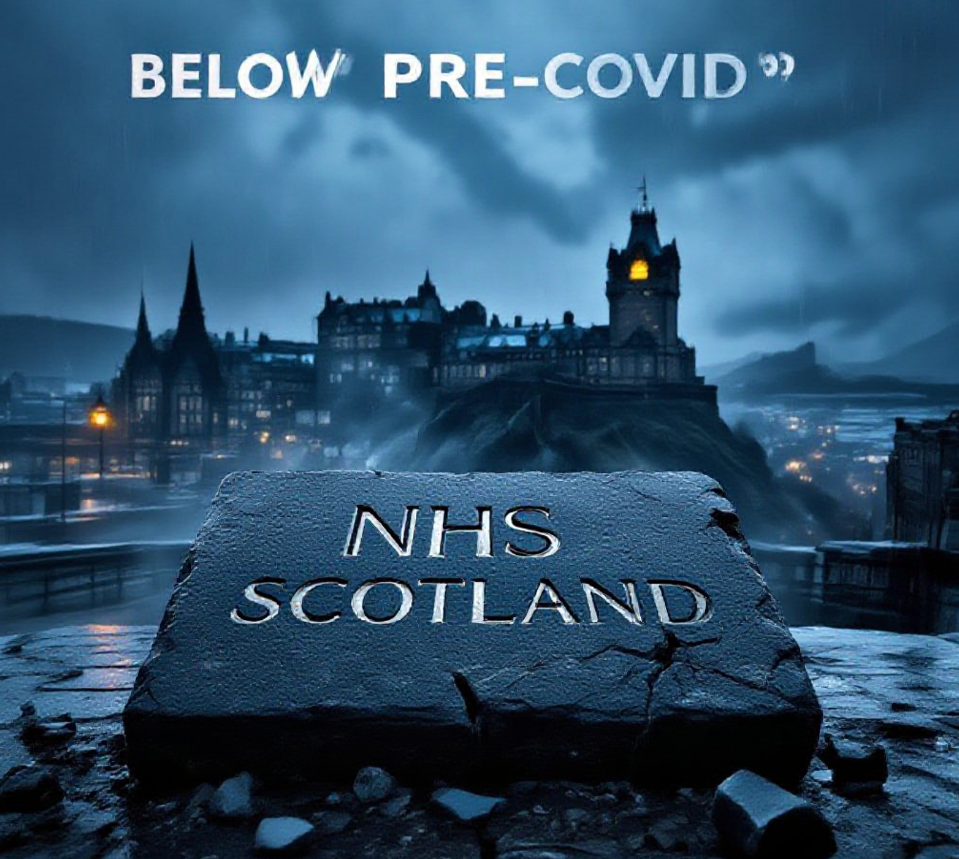 A viral, hyper-realistic YouTube thumbnail with a dramatic, stormy Scottish atmosphere. The background is a moody Edinburgh skyline at dusk with dark rain clouds and the Castle barely visible through mist, with cold blue-grey lighting. The composition uses a low-angle dramatic shot to focus on the main subject: a cracked stone tablet carved with "NHS Scotland" slowly crumbling at the edges. Image size should be 3:2.
The image features massive 3D typography with strict hierarchy:
The Primary Text reads exactly: 'BELOW PRE-COVID'. This text is massive, the largest element in the frame, rendered in weathered granite with deep cracks and moss to look like a high-budget 3D render.
The Secondary Text reads exactly: 'Despite 26% More Cash'. This text is significantly smaller, positioned below the main text. It features a thick, glowing red border/outline (sticker style) to contrast against the dark background. Make sure text 2 is always different theme, style, effect and border compared to text 1.
