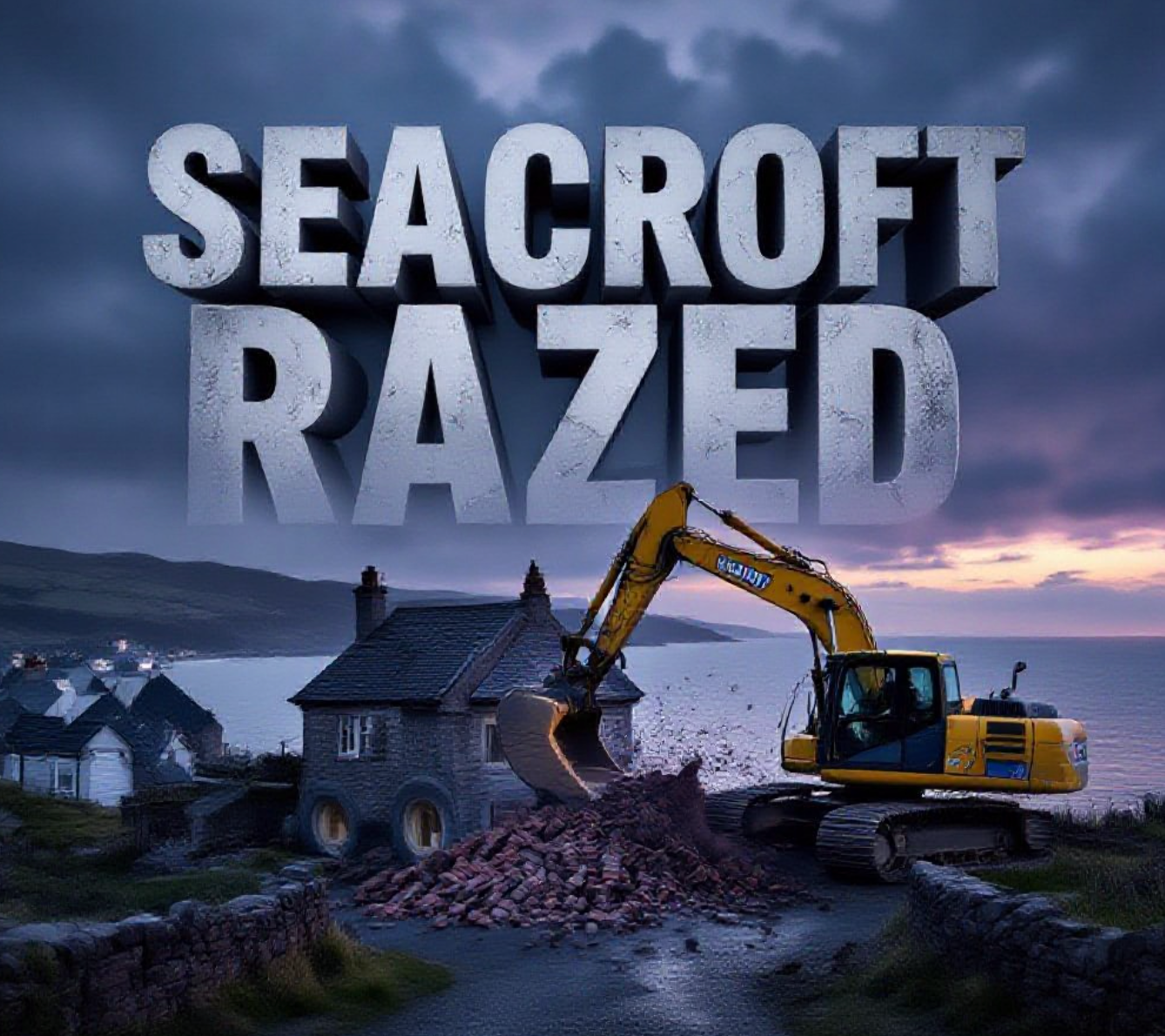 A viral, hyper-realistic YouTube thumbnail with a dark, moody Scottish coastal crime atmosphere. The background is a misty Inverkip village overlooking the cold Firth of Clyde at dusk with dramatic purple-grey storm clouds. The composition uses a low, dramatic angle to focus on the main subject: a crumbling detached bungalow being crushed by a massive yellow digger, bricks flying. Image size should be 3:2. The image features massive 3D typography with strict hierarchy: The Primary Text reads exactly: 'SEACROFT RAZED'. This text is massive, the largest element in the frame, rendered in weathered rusted iron to look like a high-budget 3D render. The Secondary Text reads exactly: 'Murder House Gone'. This text is significantly smaller, positioned below the main text. It features a thick, blood-red glowing border/outline (sticker style) to contrast against the background. Make sure text 2 is always different theme, style, effect and border compared to text 1. The text materials correspond to the story's concept. Crucial Instruction: There is absolutely NO other text, numbers, watermarks, or subtitles in this image other than these two specific lines. 8k, Unreal Engine 5, cinematic render