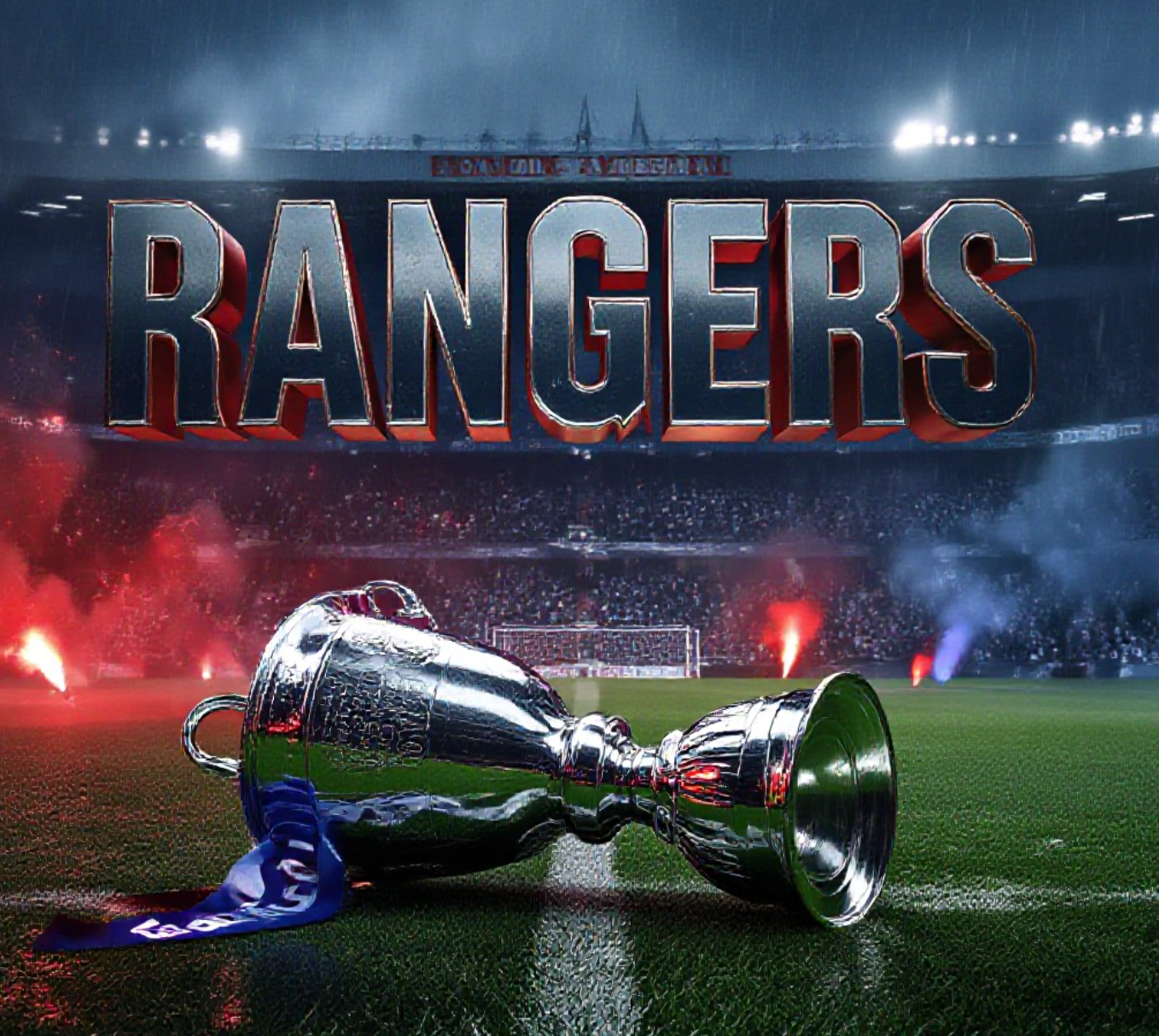 A viral, hyper-realistic YouTube thumbnail with a dramatic Scottish football stadium chaos atmosphere. The background is a smoke-filled Ibrox Stadium at night with red and blue flares exploding, angry shadows in the stands, heavy rain. The composition uses a low dramatic camera angle to focus on the main subject: a cracked Scottish Cup trophy lying on the wet pitch. Image size should be 3:2. The image features massive 3D typography with strict hierarchy: The Primary Text reads exactly: 'RANGERS'. This text is massive, the largest element in the frame, rendered in molten chrome with glowing red edges to look like a high-budget 3D render. The Secondary Text reads exactly: 'FIVE CHARGES'. This text is significantly smaller, positioned below the main text. It features a thick white border with red outline sticker style to contrast against the background. Make sure text 2 is always different theme, style, effect and border compared to text 1. The text materials correspond to the story's concept. Crucial Instruction: There is absolutely NO other text, numbers, watermarks, or subtitles in this image other than these two specific lines. 8k, Unreal Engine 5, cinematic render.