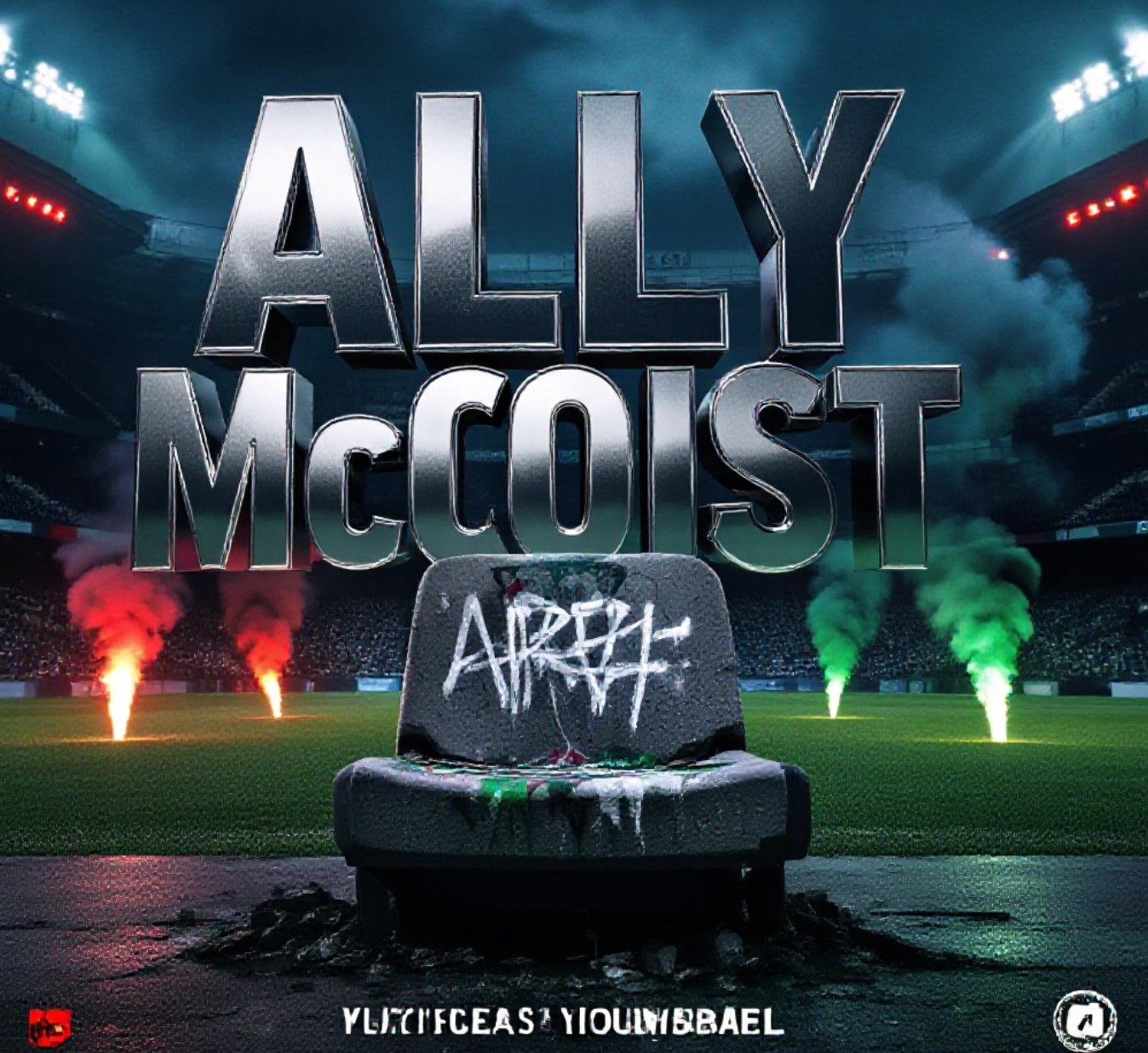 A viral, hyper-realistic YouTube thumbnail with a dark, intense stadium atmosphere. The background is a moody, smoke-filled Ibrox Stadium at night with green and blue flares cutting through the darkness, dramatic red emergency lighting. The composition uses a dramatic low angle to focus on the main subject: a damaged concrete stadium seat covered in fresh vile graffiti. Image size should be 3:2.
The image features massive 3D typography with strict hierarchy:
The Primary Text reads exactly: 'Ally McCoist'. This text is massive, the largest element in the frame, rendered in polished chrome with electric blue glow edges to look like a high-budget 3D render.
The Secondary Text reads exactly: 'Sickened'. This text is significantly smaller, positioned below the main text. It features a thick blood-red outline with cracked texture effect to contrast against the background. Make sure text 2 is always different theme, style, effect and border compared to text 1.
