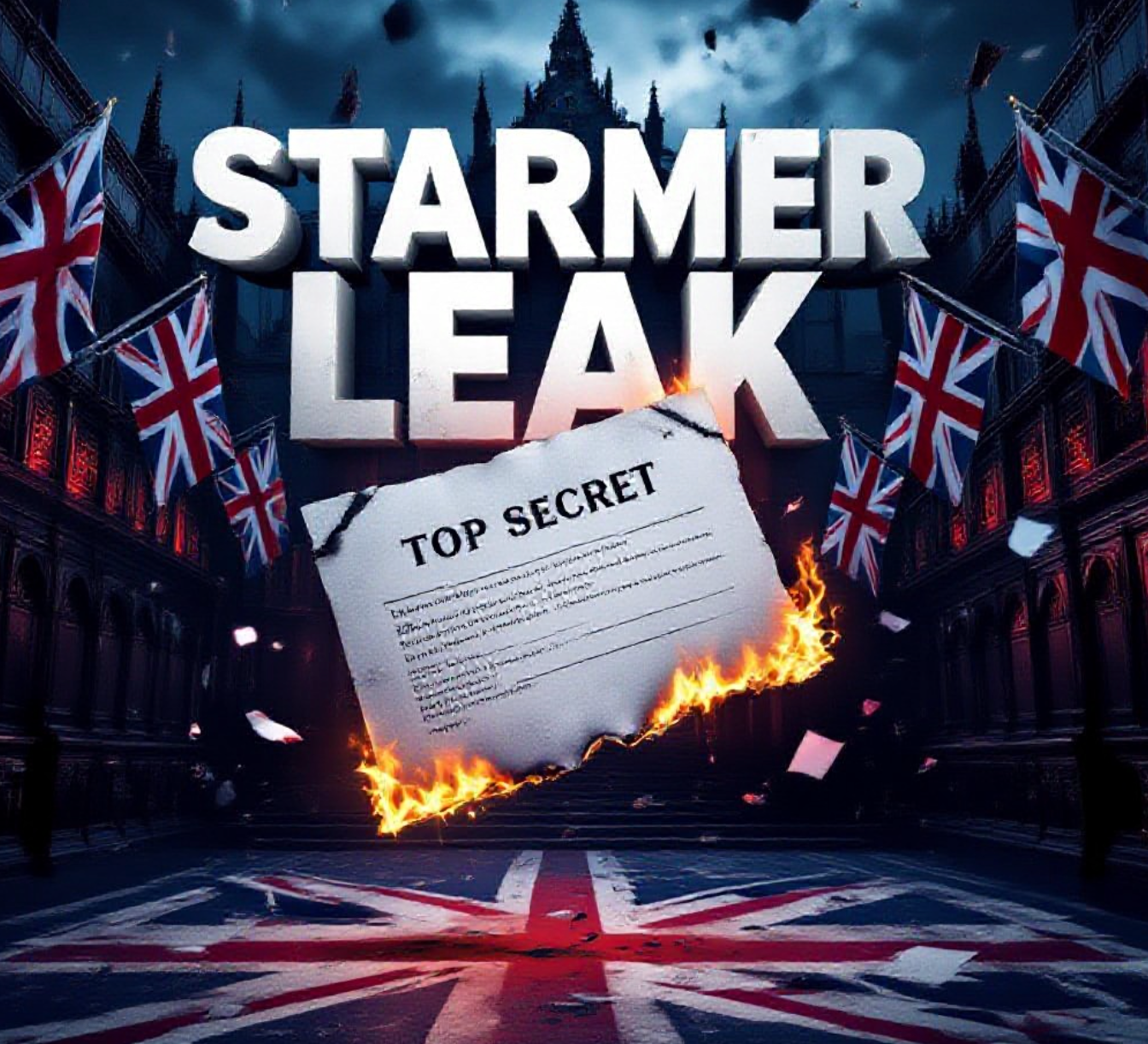 A viral, hyper-realistic YouTube thumbnail with a dramatic UK political crisis atmosphere. The background is a dark stormy Westminster hall with cracked Union Jack flags waving in wind and shards of paper flying like confetti with dramatic red and blue emergency lighting. The composition uses a low-angle dramatic shot to focus on the main subject: a torn classified government memo marked TOP SECRET floating in mid-air with burning edges. Image size should be 3:2.
The image features massive 3D typography with strict hierarchy:
The Primary Text reads exactly: 'STARMER LEAK'. This text is massive, the largest element in the frame, rendered in molten chrome metal with glowing red cracks to look like a high-budget 3D render.
The Secondary Text reads exactly: 'DEFIES WALES & SCOTLAND'. This text is significantly smaller, positioned below the main text. It features a thick, electric blue border/outline (st