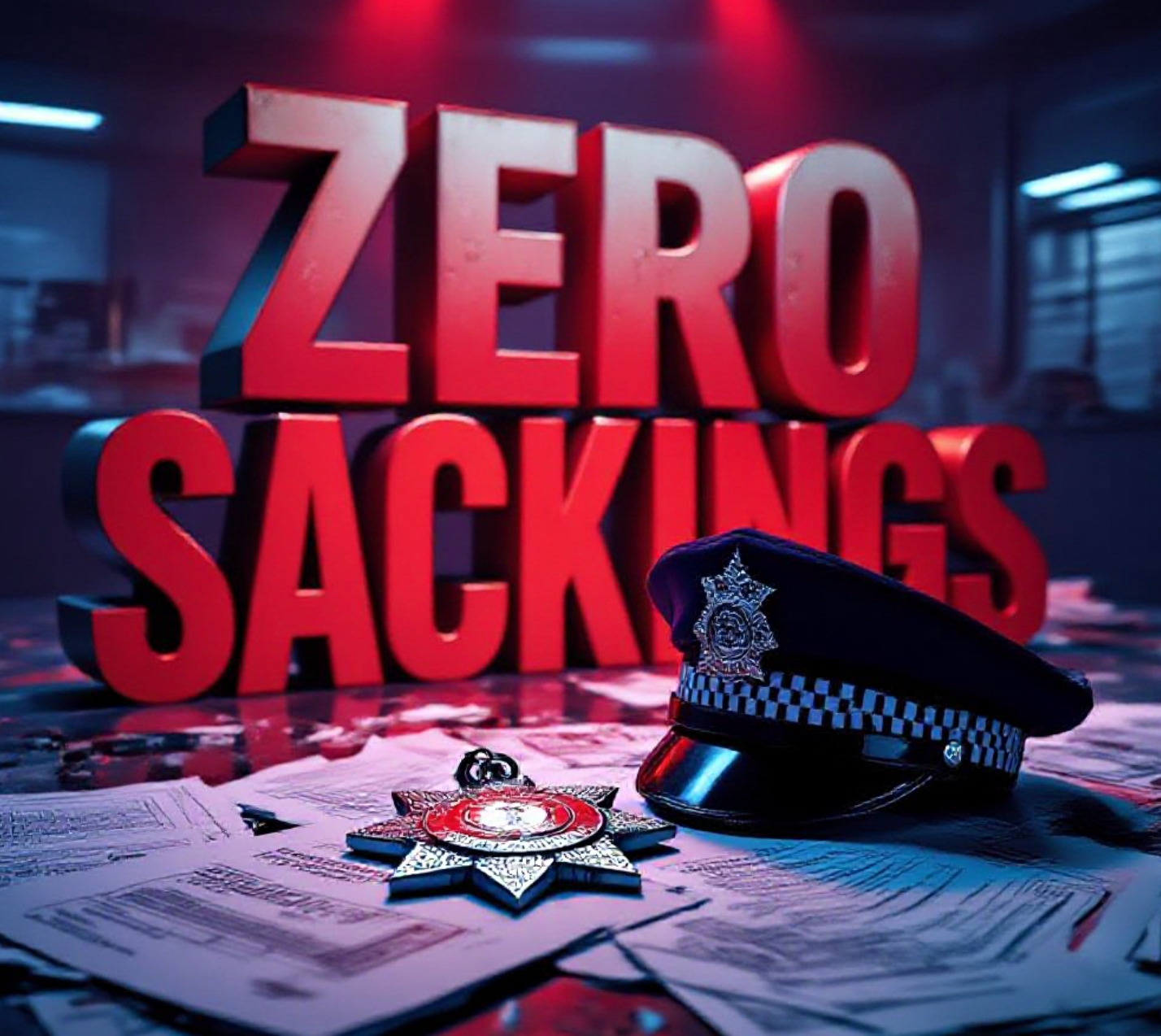 A viral, hyper-realistic YouTube thumbnail with a dark, tense crime-drama atmosphere. The background is a dimly lit police incident room with scattered complaint files and a cracked Scottish police helmet in the foreground, dramatic blue-red emergency lighting cutting through thick shadow. The composition uses a low-angle shot to focus on the main subject: a tarnished silver police badge lying on a pile of dismissed case files. Image size should be 3:2.
The image features massive 3D typography with strict hierarchy:
The Primary Text reads exactly: 'ZERO SACKINGS'. This text is massive, the largest element in the frame, rendered in cold brushed steel with deep red glow edges to look like a high-budget 3D render.
The Secondary Text reads exactly: 'After 360 Racism Complaints'. This text is significantly smaller, positioned below the main text. It features a thick white outline with subtle paper-texture effect to contrast against the dark background. 8k, Unreal Engine 5, cinematic render