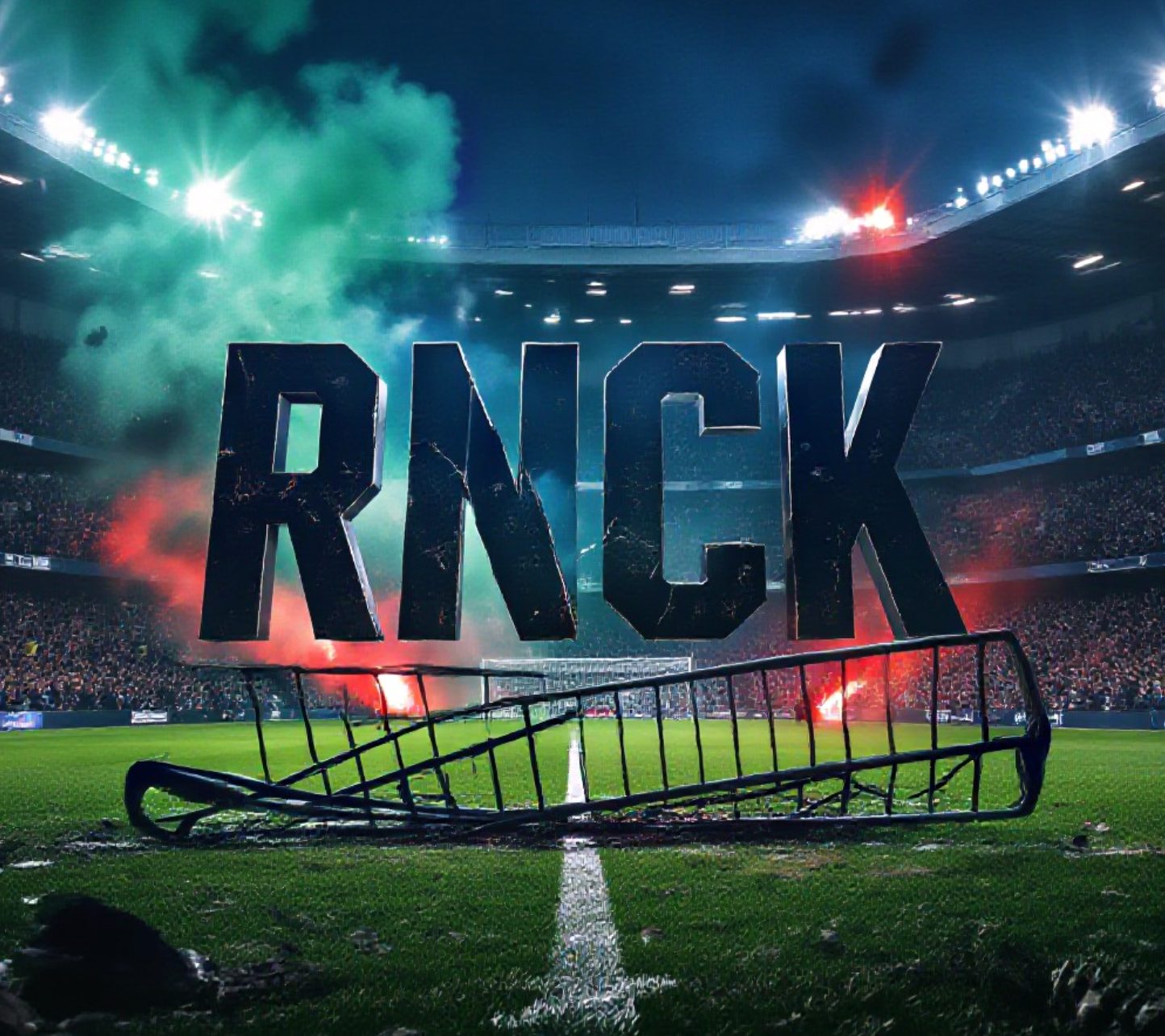 A viral, hyper-realistic YouTube thumbnail with a intense Scottish football derby atmosphere. The background is a packed Ibrox Stadium at night with green and blue smoke flares mixing chaotically, red police lights flashing across the pitch, shattered seats and debris scattered. The composition uses a dramatic low-angle shot from pitch level to focus on the main subject: a twisted, broken metal barrier crushed under the weight of invading fans (no faces visible, just silhouettes and movement blur). Image size should be 3:2. The image features massive 3D typography with strict hierarchy: The Primary Text reads exactly: 'OLD FIRM CHAOS'. This text is massive, the largest element in the frame, rendered in cracked chrome metal with glowing orange fire edges to look like a high-budget 3D render. The Secondary Text reads exactly: 'AWAY FANS BANNED'. This text is significantly smaller, positioned below the main text with a thick white sticker-style outline and red glow border to contrast against the smoky background. The text materials correspond to the story's concept. Crucial Instruction: There is absolutely NO other text, numbers, watermarks, or subtitles in this image other than these two specific lines. 8k, Unreal Engine 5, cinematic render