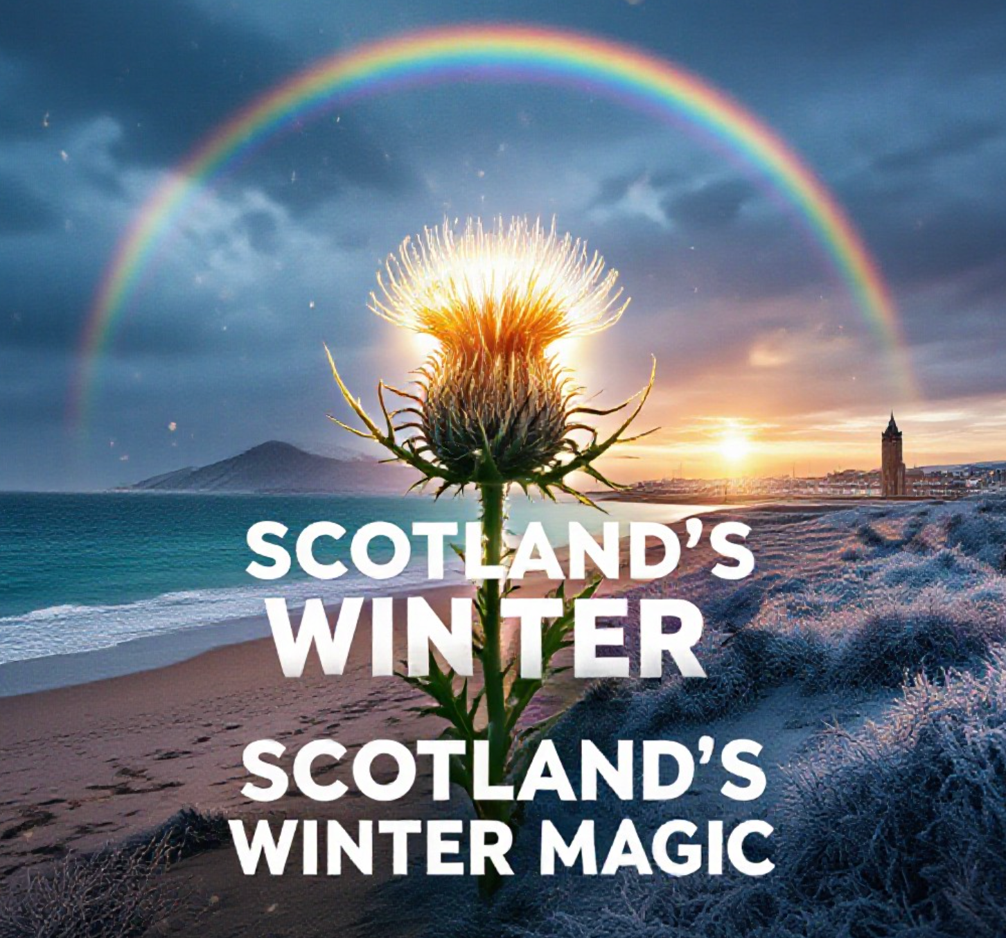 A viral, hyper-realistic YouTube thumbnail with a dramatic Scottish winter nature atmosphere. The background is a sweeping collage of three iconic scenes blending seamlessly: Portobello rainbow arching over sandy beach, Luskentyre’s turquoise water under moody clouds, and Aberdeen’s golden frosty sunrise. The composition uses a dramatic low-to-high angle to focus on the main subject: a glowing Scottish thistle made of pure light and mist floating in the centre. Image size should be 3:2. The image features massive 3D typography with strict hierarchy: The Primary Text reads exactly: 'Scotland’s Winter Magic'. This text is massive, the largest element in the frame, rendered in frozen crystal with glowing rainbow edges to look like a high-budget 3D render. The Secondary Text reads exactly: 'Reader Photos That Stopped Hearts'. This text is significantly smaller, positioned below the main text. It features a thick, electric blue border/outline (sticker style) to contrast against the background. Make sure text 2 is always different theme, style, effect and border compared to text 1.