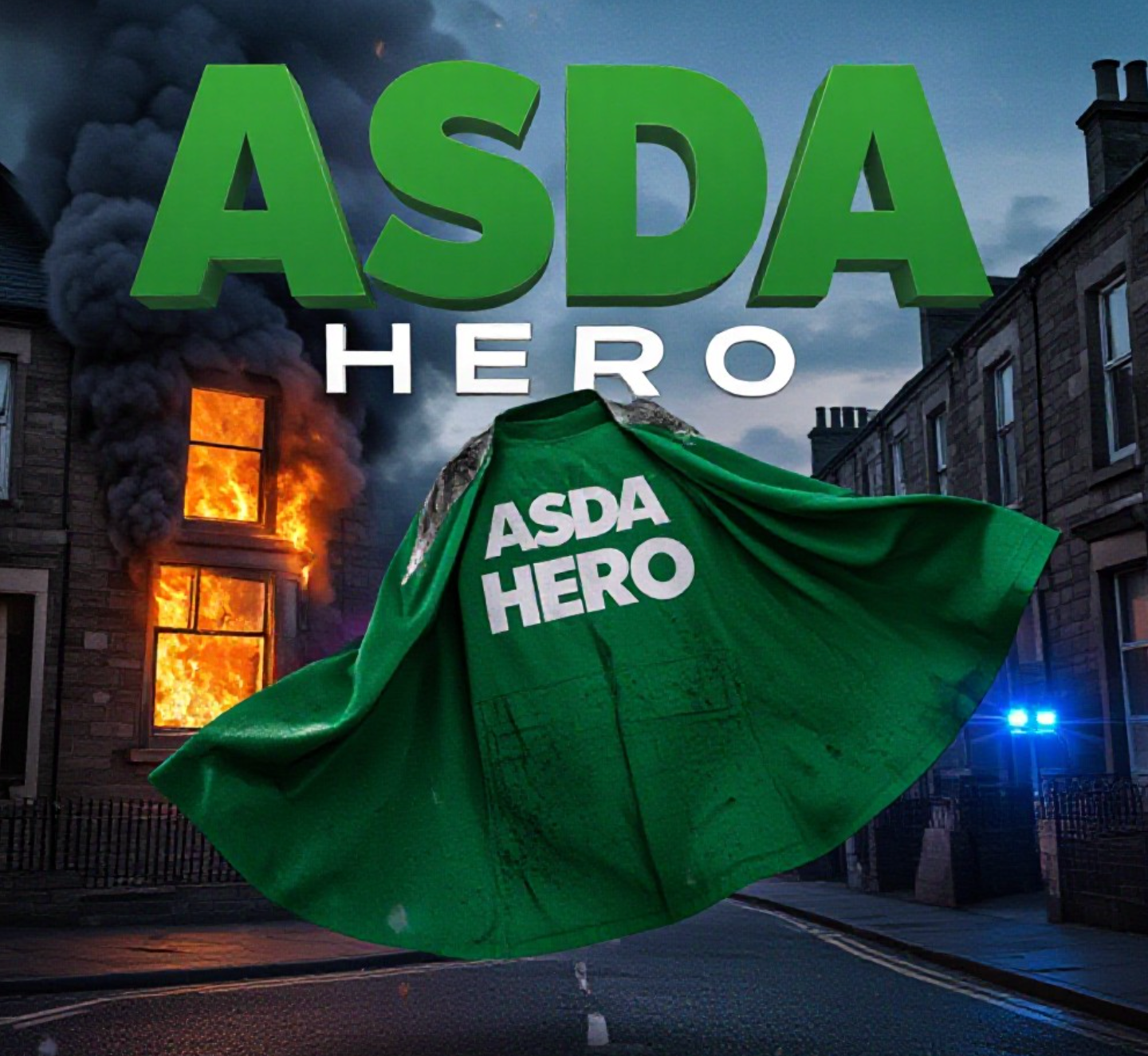 A viral, hyper-realistic YouTube thumbnail with a dramatic heroic atmosphere. The background is a Glasgow street at dusk with thick black smoke pouring from a terraced house window and bright orange flames visible inside, emergency blue lights flashing in the distance. The composition uses a low dramatic camera angle to focus on the main subject: a large heroic green Asda employee vest dramatically torn and covered in soot floating in the foreground like a superhero cape. Image size should be 3:2.
The image features massive 3D typography with strict hierarchy:
The Primary Text reads exactly: 'ASDA HERO'. This text is massive, the largest element in the frame, rendered in glowing molten gold chrome to look like a high-budget 3D render.
The Secondary Text reads exactly: 'SAVES TWINS FROM FIRE'. This text is significantly smaller, positioned below the main text. It features a thick, bright red glowing border/outline (sticker style) to contrast against the background. Make sure text 2 is always different theme, style, effect and border compared to text 1.