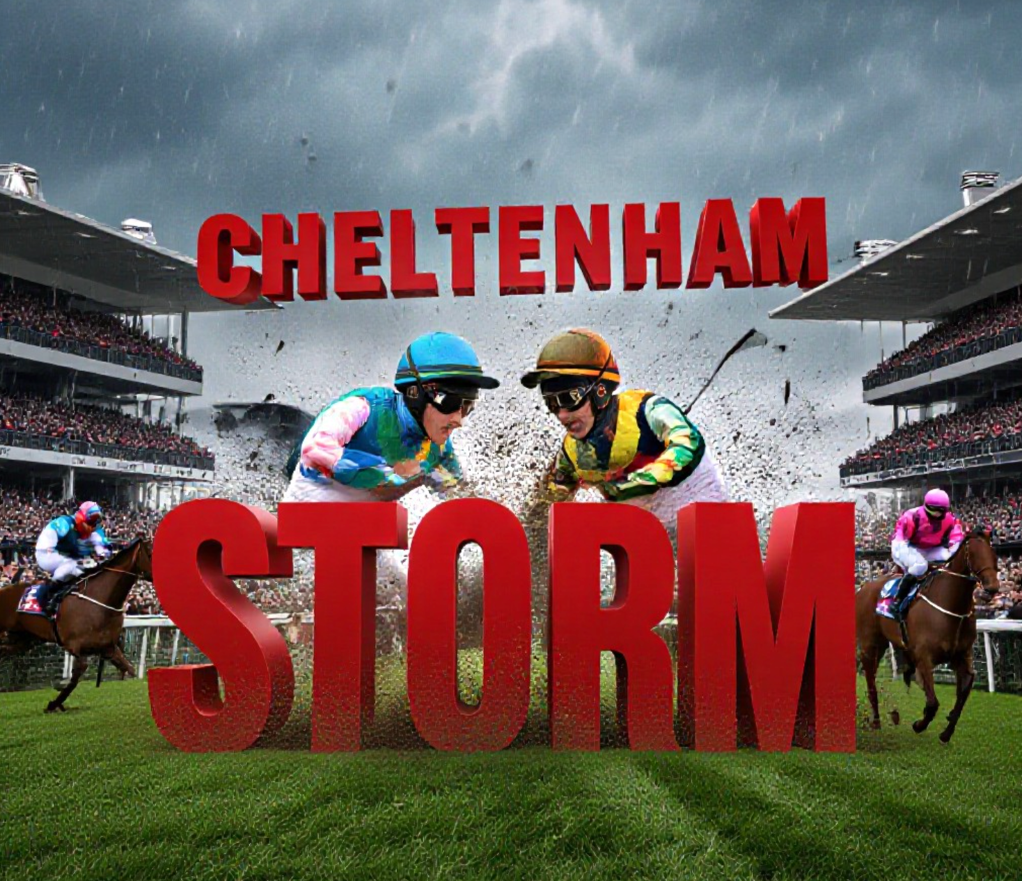 A viral, hyper-realistic YouTube thumbnail with a dramatic horse racing atmosphere. The background is a packed Prestbury Park starting area at Cheltenham Festival with dark storm clouds gathering and rain starting to fall. The composition uses a low-angle Dutch tilt to focus on the main subject: two jockey helmets violently clashing amid flying mud and raised whips, horses rearing in chaos. Image size should be 3:2.
The image features massive 3D typography with strict hierarchy:
The Primary Text reads exactly: 'CHELTENHAM ABUSE STORM'. This text is massive, the largest element in the frame, rendered in burning crimson chrome with glowing edges to look like a high-budget 3D render.
The Secondary Text reads exactly: 'Queally vs De Boinville'. This text is significantly smaller, positioned diagonally below the main text. It features a thick white outline with black shadow sticker style to cut through the dark background. 8k, Unreal Engine 5, cinematic render