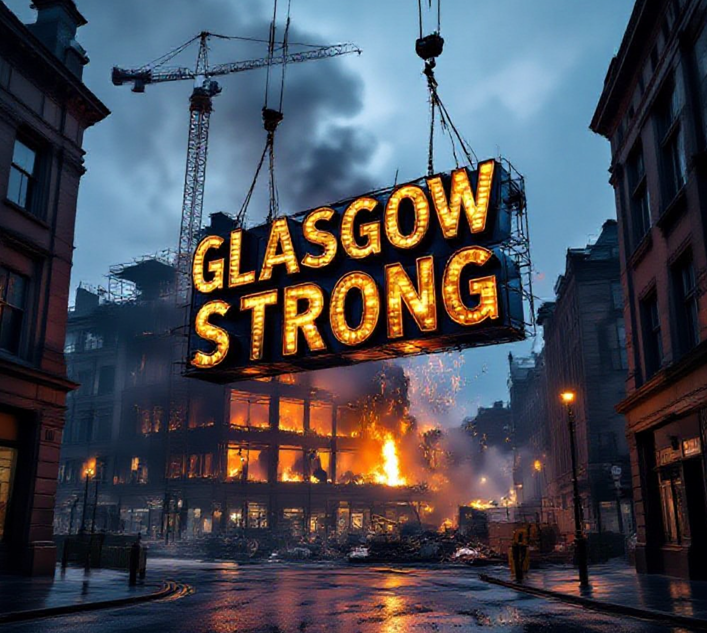 A viral, hyper-realistic YouTube thumbnail with a dramatic urban rebirth atmosphere. The background is a rain-slicked Glasgow Union Street at twilight with glowing embers still visible in the ruined building, but bright construction lights and rising phoenix-like golden sparks cutting through the smoke. The composition uses a dramatic low angle to focus on the main subject: a charred but defiant Sexy Coffee signage being lifted by cranes into new scaffolding. Image size should be 3:2.
The image features massive 3D typography with strict hierarchy:
The Primary Text reads exactly: 'GLASGOW STRONG'. This text is massive, the largest element in the frame, rendered in molten gold chrome with glowing edges to look like a high-budget 3D render.
The Secondary Text reads exactly: '£215K RAISED'. This text is significantly smaller, positioned below the main text. It features a thick white sticker-style border with red outline to contrast against the dark background. Make sure text 2 is always different theme, style, effect and border compared to text 1.