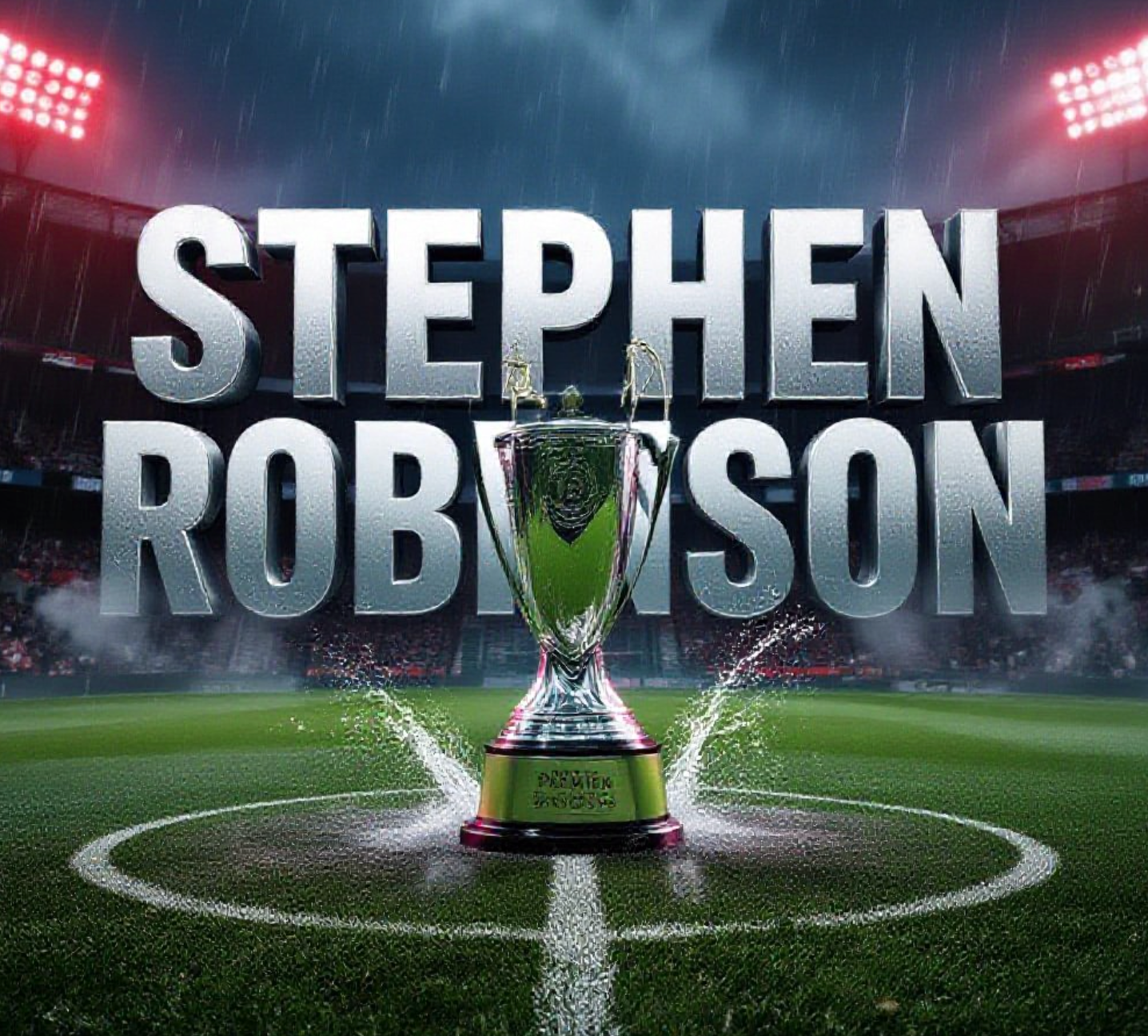 A viral, hyper-realistic YouTube thumbnail with a dramatic Scottish football atmosphere. The background is a stormy Pittodrie stadium at night with red floodlights cutting through heavy rain and smoke. The composition uses a low-angle shot to focus on the main subject: a gleaming silver Premier Sports Cup trophy placed alone on the centre circle, water splashing around it. Image size should be 3:2.
The image features massive 3D typography with strict hierarchy:
The Primary Text reads exactly: 'STEPHEN ROBINSON'. This text is massive, the largest element in the frame, rendered in molten chrome silver with sharp red glow edges to look like a high-budget 3D render.
The Secondary Text reads exactly: 'ABERDEEN DOUBTERS ALREADY OUT'. This text is significantly smaller, positioned below the main text. It features a thick white border with red outline sticker style to contrast against the dark background. 8k, Unreal Engine 5, cinematic rende