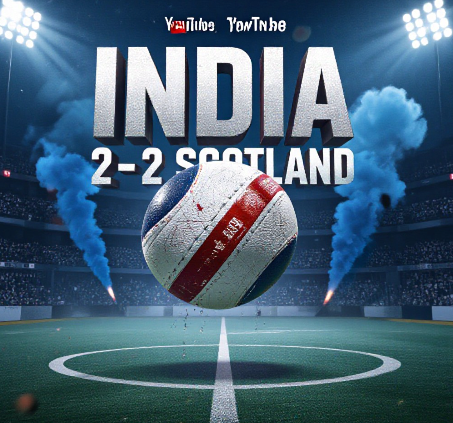 A viral, hyper-realistic YouTube thumbnail with a high-energy sports atmosphere. The background is a packed Indian hockey stadium at night with blue smoke flares and dramatic floodlights cutting through mist. The composition uses a dramatic low angle to focus on the main subject: a battle-worn hockey ball suspended mid-air with fresh red scuff marks and water droplets. Image size should be 3:2.
The image features massive 3D typography with strict hierarchy:
The Primary Text reads exactly: 'INDIA 2-2 SCOTLAND'. This text is massive, the largest element in the frame, rendered in molten gold chrome with glowing edges to look like a high-budget 3D render.
The Secondary Text reads exactly: 'SURVIVED!'. This text is significantly smaller, positioned below the main text with a thick white outline and red inner shadow sticker style to contrast against the background. Make sure text 2 is always different theme, style, effect and border compared to text 1.