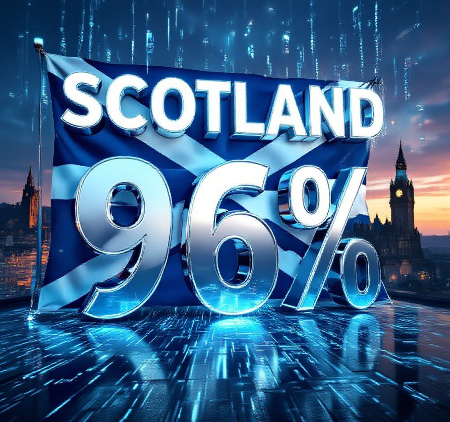 A viral, hyper-realistic YouTube thumbnail with a bold Scottish tech triumph atmosphere. The background is a dramatic Edinburgh skyline at golden hour mixed with glowing cyan digital circuits and floating holographic data streams. The composition uses a powerful low-angle shot to focus on the main subject: a massive, faceless Scottish Saltire flag made of liquid chrome and electric blue light particles. Image size should be 3:2.
The image features massive 3D typography with strict hierarchy:
The Primary Text reads exactly: 'SCOTLAND 96%'. This text is massive, the largest element in the frame, rendered in molten chrome with electric blue edge glow to look like a high-budget 3D render.
The Secondary Text reads exactly: 'AI WINS'. This text is significantly smaller, positioned below the main text. It features a thick, fiery orange border/outline (sticker style) to contrast against the background. Make sure text 2 is always different theme, style, effect and border compared to text 1.