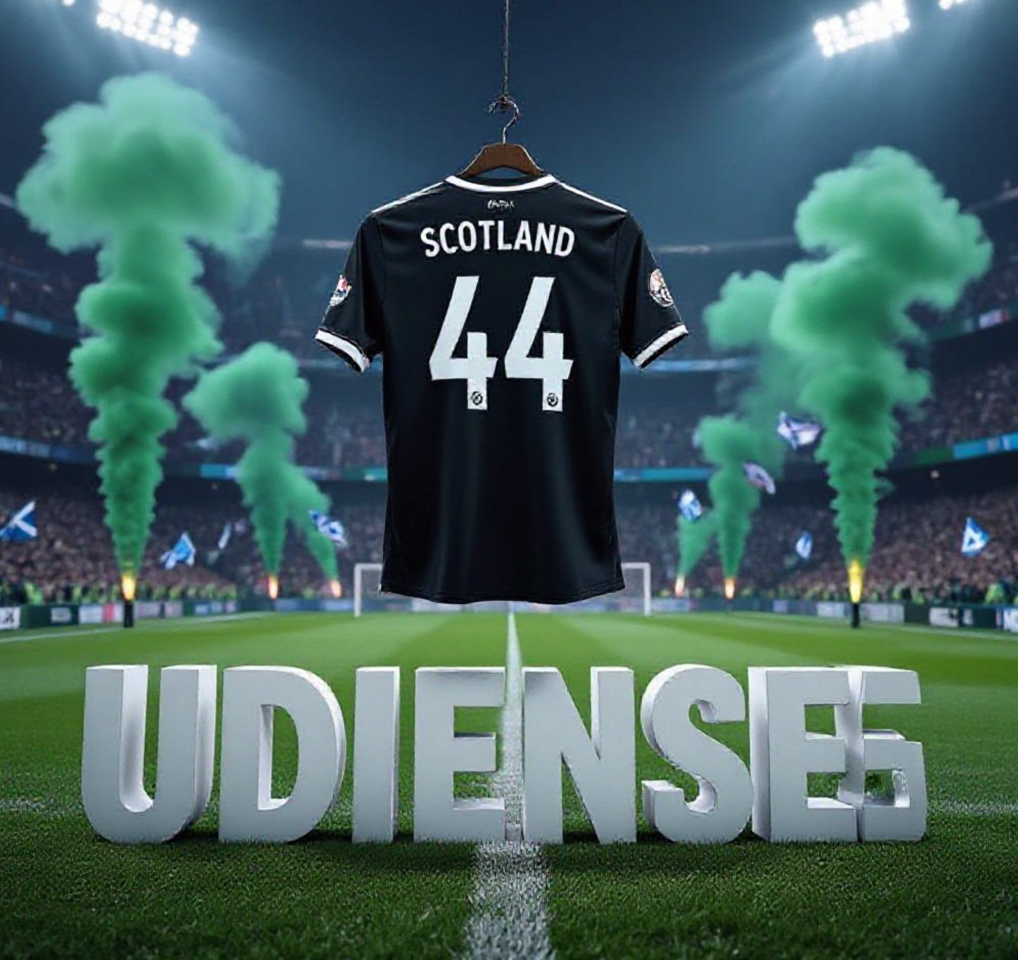 lennon miller udinese scotland world cup 2026
AI IMAGE PROMPT: ==> A viral, hyper-realistic YouTube thumbnail with a dramatic football night atmosphere. The background is a packed Stadio Friuli under floodlights with green smoke flares and Scottish saltires in the crowd. The composition uses a low cinematic angle to focus on the main subject: a gleaming black and white Udinese jersey hanging in the locker room with the number 44. Image size should be 3:2. The image features massive 3D typography with strict hierarchy: The Primary Text reads exactly: 'LENNON MILLER'. This text is massive, the largest element in the frame, rendered in liquid gold chrome to look like a high-budget 3D render. The Secondary Text reads exactly: 'WORLD CUP BOUND?'. This text is significantly smaller, positioned below the main text with a thick electric blue glowing outline to contrast against the background. 8k, Unreal Engine 5, cinematic render.