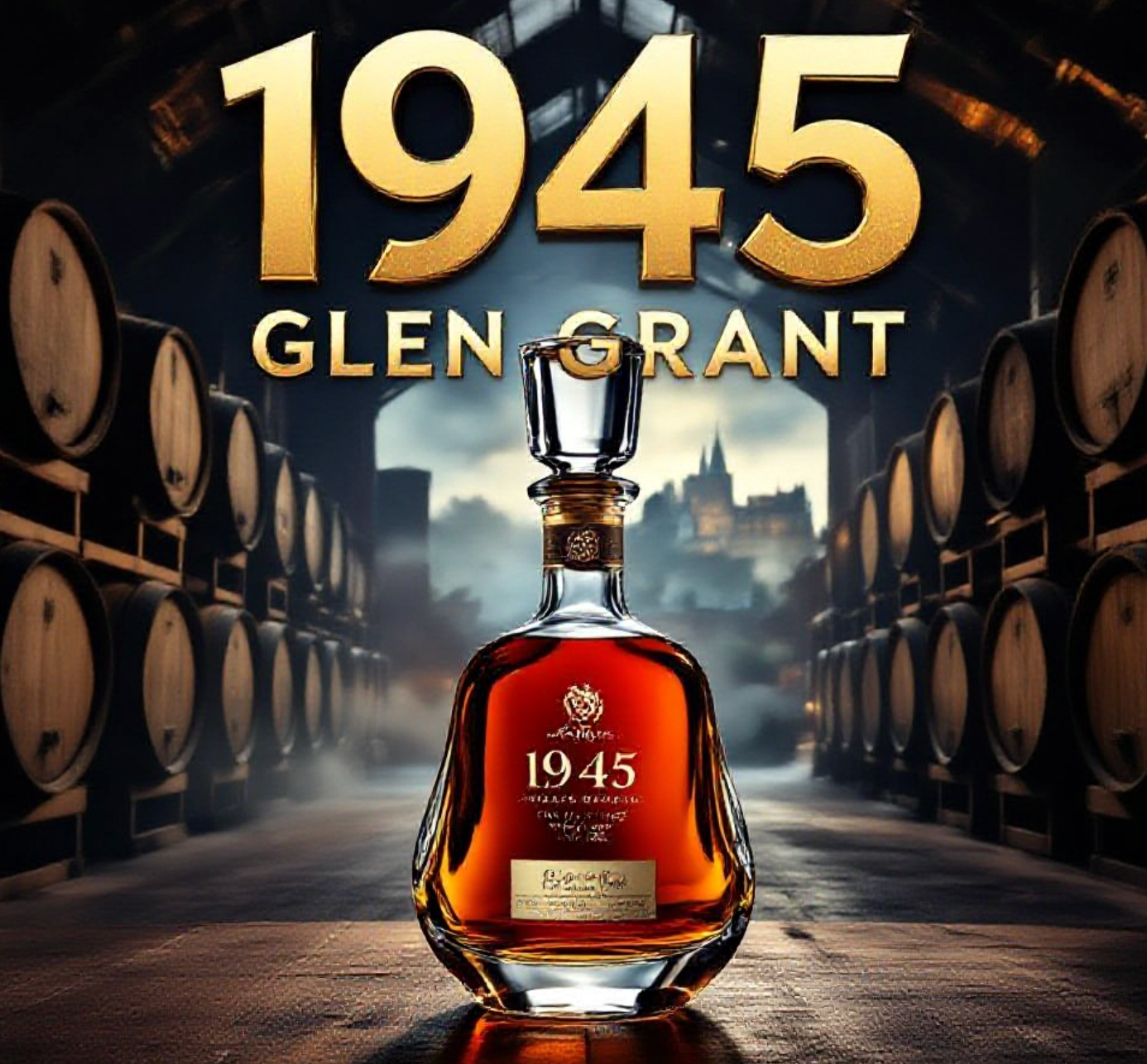 A viral, hyper-realistic YouTube thumbnail with a luxurious Scottish whisky atmosphere. The background is a dramatic moody Speyside warehouse with ancient oak casks stacked high and golden shafts of light cutting through dust, with Edinburgh Castle faintly visible through distant mist. The composition uses a dramatic low-angle shot to focus on the main subject: a single magnificent hand-blown crystal decanter of deep mahogany 1945 whisky glowing from within. Image size should be 3:2.
The image features massive 3D typography with strict hierarchy:
The Primary Text reads exactly: '1945 GLEN GRANT'. This text is massive, the largest element in the frame, rendered in liquid molten gold with realistic drip effects to look like a high-budget 3D render.
The Secondary Text reads exactly: '£60,000 BALMORAL EXPERIENCE'. This text is significantly smaller, positioned below the main text. It features a thick tartan-patterned red border to contrast against the background. Make sure text 2 is always different theme, style, effect and border compared to text 1.