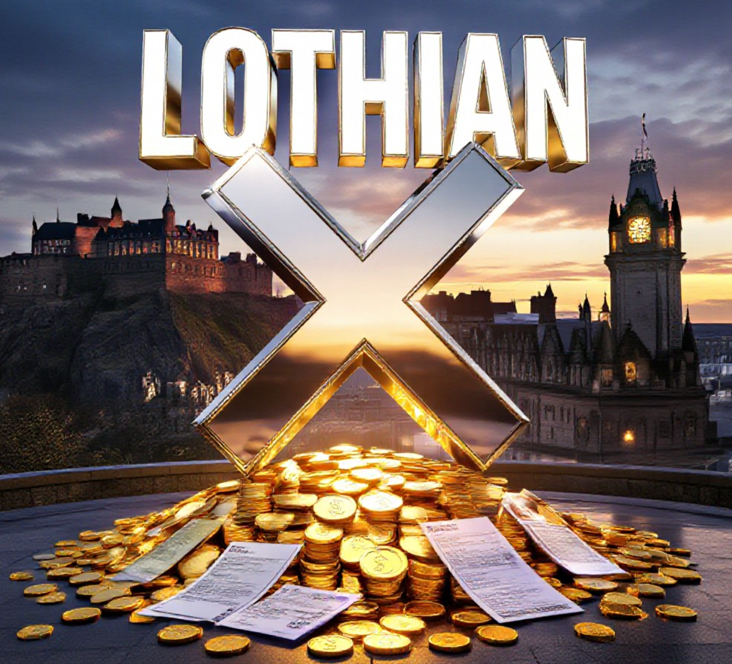 A viral, hyper-realistic YouTube thumbnail with a premium Scottish financial power atmosphere. The background is a dramatic Edinburgh skyline at golden hour with Edinburgh Castle prominent and modern glass buildings reflecting light. The composition uses a strong low-angle shot to focus on the main subject: a massive, polished chrome 3D Scottish saltire cross floating above a glowing pile of gold coins and pension documents. Image size should be 3:2. The image features massive 3D typography with strict hierarchy: The Primary Text reads exactly: 'LOTHIAN'. This text is massive, the largest element in the frame, rendered in liquid gold chrome to look like a high-budget 3D render. The Secondary Text reads exactly: 'READY TO LEAD'. This text is significantly smaller, positioned below the main text with a thick electric-blue glowing outline border to contrast against the golden background. Make sure text 2 has completely different style and effect from text 1. The text materials correspond to Scottish strength and financial security. Crucial Instruction: There is absolutely NO other text, numbers, watermarks, or subtitles in this image other than these two specific lines. 8k, Unreal Engine 5, cinematic render