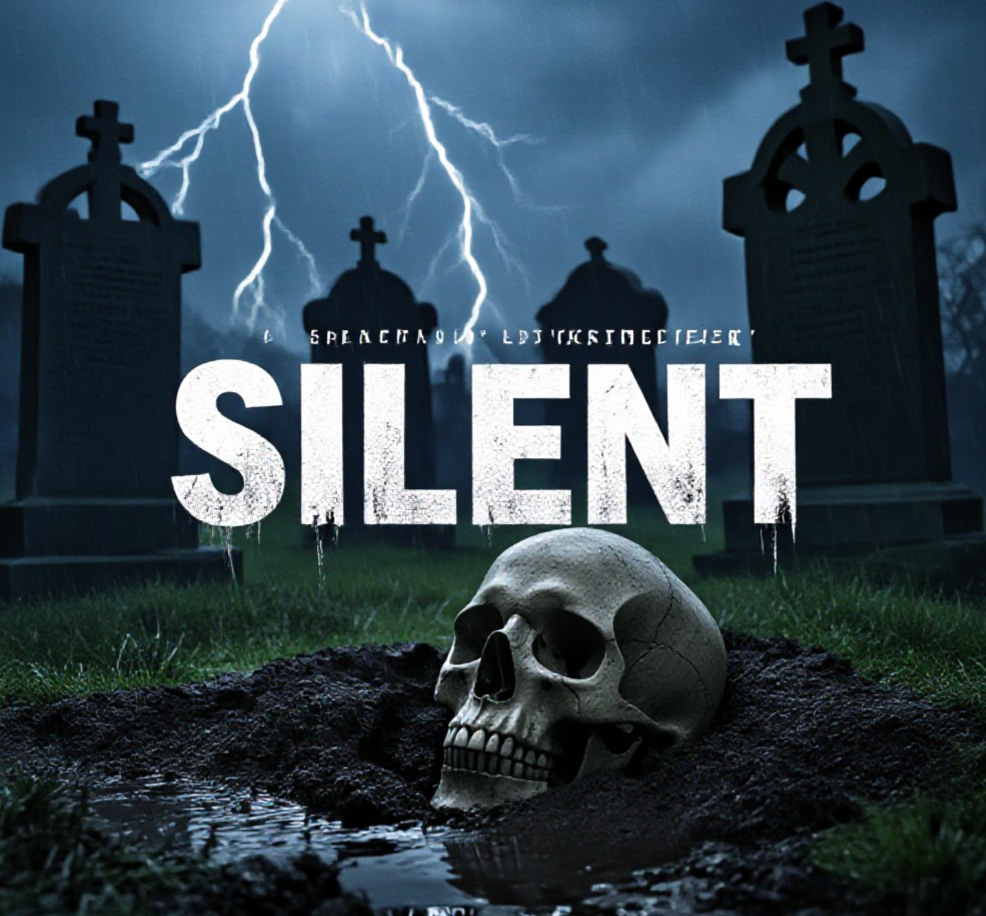 A viral, hyper-realistic YouTube thumbnail with a dark Scottish noir atmosphere. The background is a stormy Edinburgh graveyard at night with heavy rain and mist swirling around ancient skull-and-crossbones gravestones in Greyfriars Kirkyard, dramatic lightning flashes illuminating the scene. The composition uses a low-angle cinematic shot to focus on the main subject: a weathered human skull half-buried in fresh mudslide earth, rainwater streaming across the bone. Image size should be 3:2.
The image features massive 3D typography with strict hierarchy:
The Primary Text reads exactly: 'SILENT BONES'. This text is massive, the largest element in the frame, rendered in cold brushed steel with dripping wet effects to look like a high-budget 3D render.
The Secondary Text reads exactly: 'Exposed'. This text is significantly smaller, positioned below the main text. It features a thick blood-red glowing outline with subtle cracking texture to contrast against the dark background. Make sure text 2 is always different theme, style, effect and border compared to text 1.