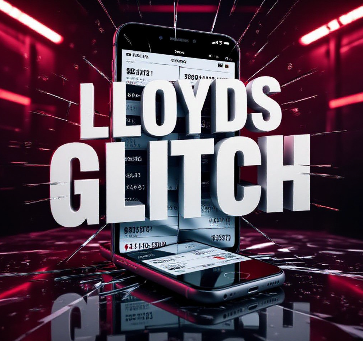 A viral, hyper-realistic YouTube thumbnail with a dark cyber-threat atmosphere. The background is a shattered smartphone screen showing overlapping banking transaction lists in red and white, with faint National Insurance numbers visible, dramatic crimson emergency lighting and digital glitch particles in the air. The composition uses a dramatic low-angle shot to focus on the main subject: a cracked smartphone lying on black marble. Image size should be 3:2.
The image features massive 3D typography with strict hierarchy:
The Primary Text reads exactly: 'LLOYDS GLITCH'. This text is massive, the largest element in the frame, rendered in molten chrome with red glowing edges to look like a high-budget 3D render.
The Secondary Text reads exactly: 'EXPOSES YOUR MONEY'. This text is significantly smaller, positioned below the main text. It features a thick, neon-red pulsing border to contrast against the dark background. 8k, Unreal Engine 5, cinematic render