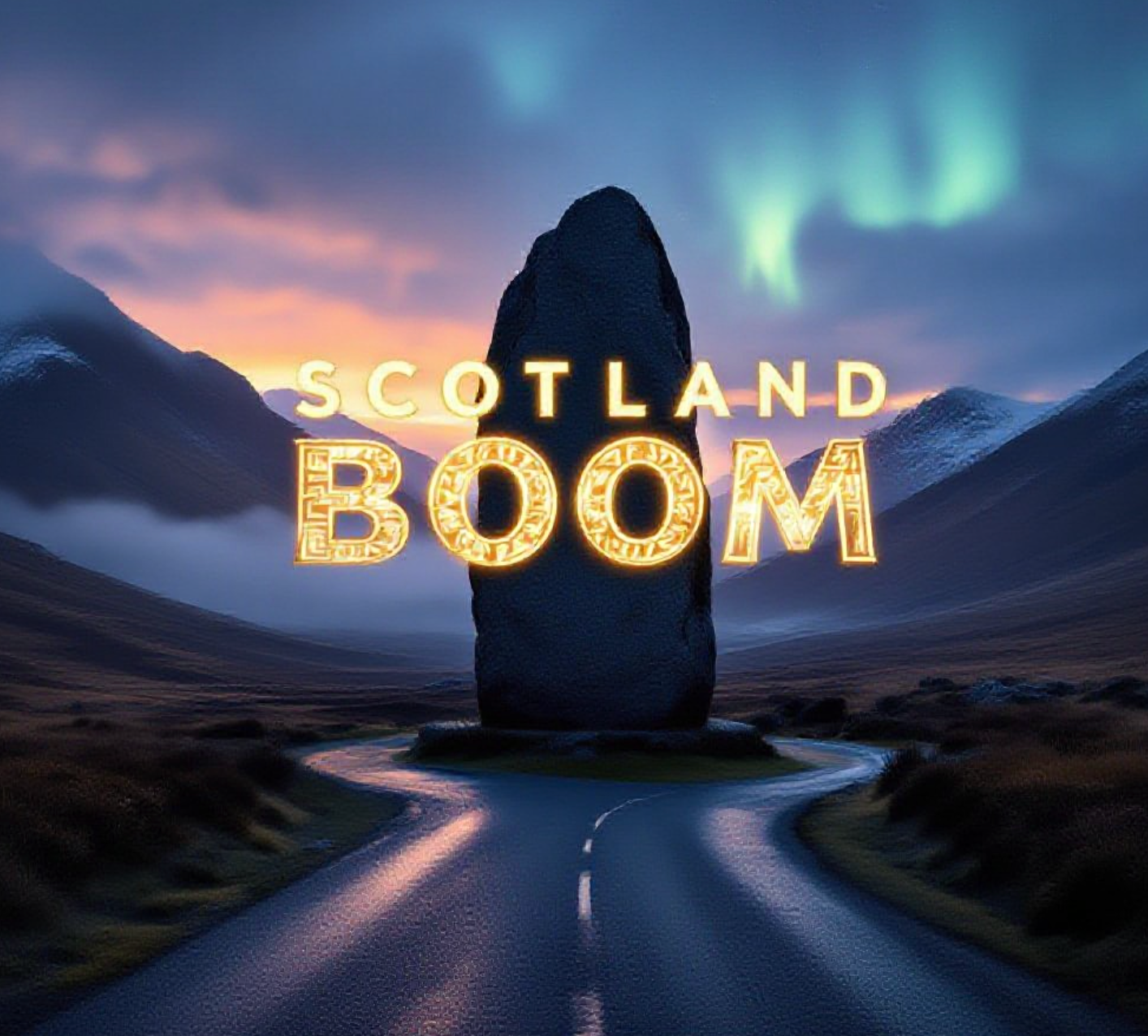 A viral, hyper-realistic YouTube thumbnail with a majestic cinematic Scottish atmosphere. The background is a dramatic misty Highland valley at golden hour with rugged mountains and a lone winding road disappearing into the distance, subtle aurora-like northern lights shimmer in the sky. The composition uses a dramatic low-angle shot to focus on the main subject: a massive ancient standing stone carved with glowing Celtic runes. Image size should be 3:2. The image features massive 3D typography with strict hierarchy: The Primary Text reads exactly: 'SCOTLAND BOOM'. This text is massive, the largest element in the frame, rendered in molten gold with ember particles to look like a high-budget 3D render. The Secondary Text reads exactly: 'Record £11.4 Billion'. This text is significantly smaller, positioned below the main text. It features a thick electric-blue glowing outline with subtle crackling energy effect to contrast against the background. Make sure text 2 is always different theme, style, effect and border compared to text 1. The text materials correspond to the story's concept. Crucial Instruction: There is absolutely NO other text, numbers, watermarks, or subtitles in this image other than these two specific lines. 8k, Unreal Engine 5, cinematic render