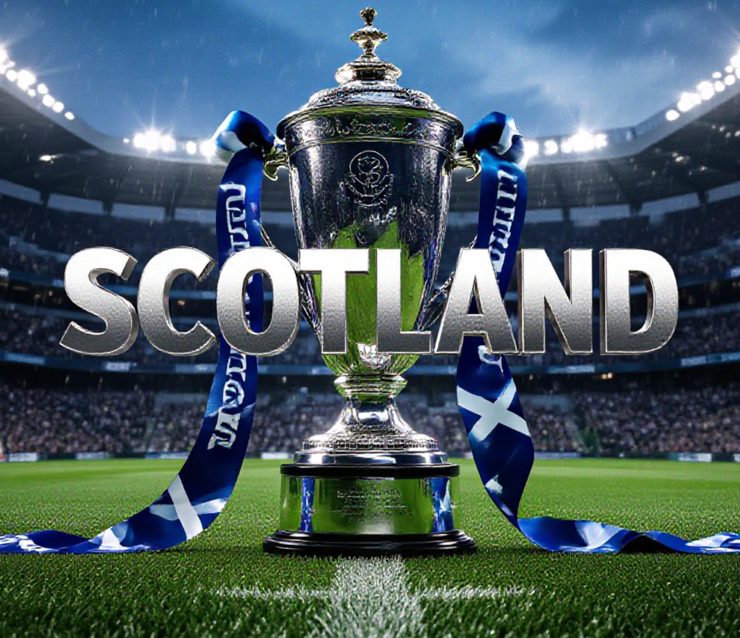A viral, hyper-realistic YouTube thumbnail with a kinetic sports atmosphere. The background is a packed Aviva Stadium at twilight with emerald pitch glowing under floodlights and light rain in the air. The composition uses a dramatic low-angle shot to focus on the main subject: a gleaming silver Six Nations trophy wrapped in dark blue Scotland saltire ribbons floating above the turf. Image size should be 3:2.
The image features massive 3D typography with strict hierarchy:
The Primary Text reads exactly: 'SCOTLAND'. This text is massive, the largest element in the frame, rendered in brushed Scottish blue steel with thistle engravings to look like a high-budget 3D render.
The Secondary Text reads exactly: 'CAN WIN TITLE'. This text is significantly smaller, positioned below the main text. It features a thick white glow border with red outline to contrast against the background. Make sure text 2 is always different theme, style, effect and border compared to text 1.