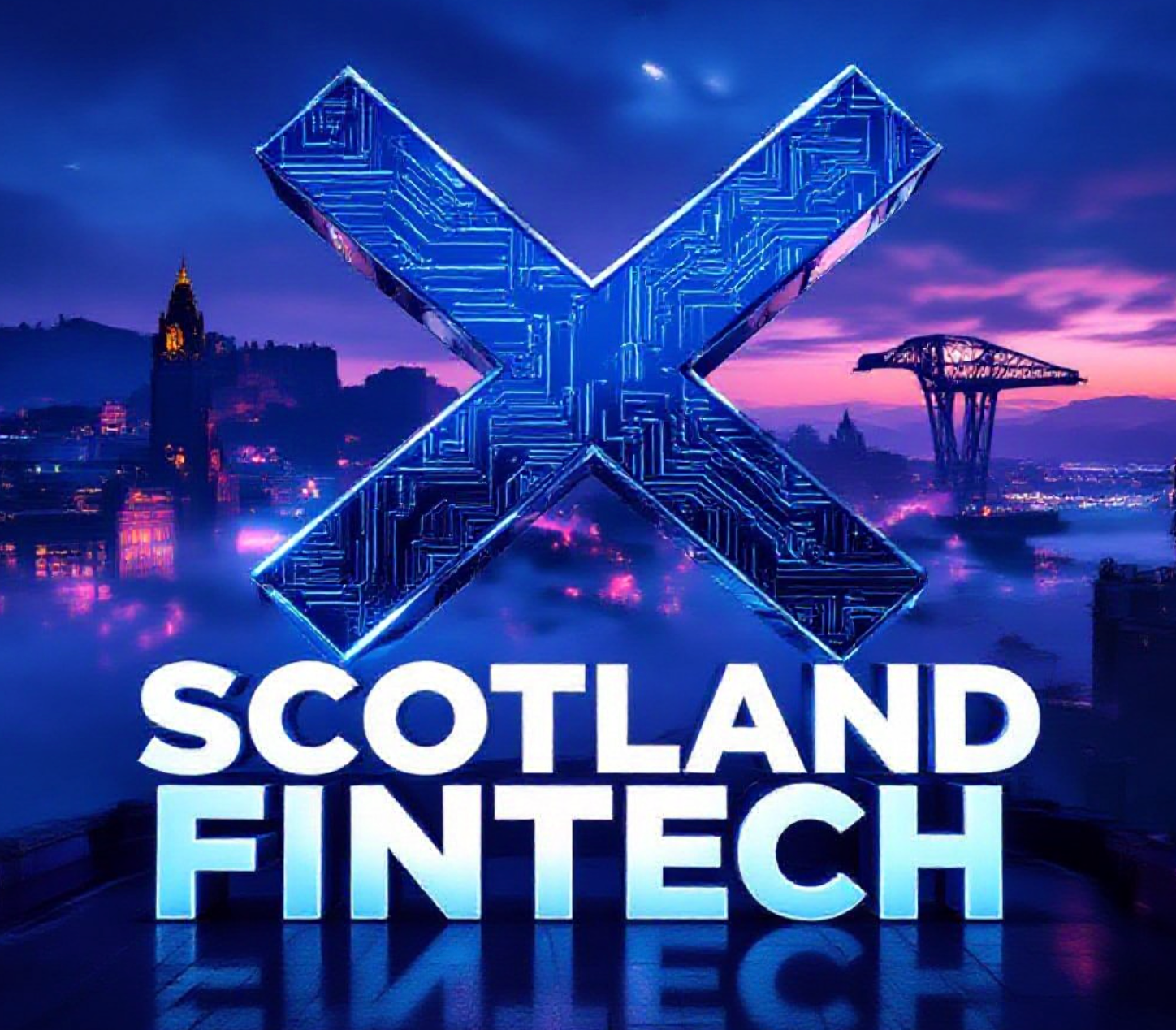 A viral, hyper-realistic YouTube thumbnail with a sleek Scottish fintech atmosphere. The background is a dramatic Edinburgh skyline at twilight with Glasgow's glowing Finnieston Crane in the distance, deep blue and purple neon accents cutting through mist. The composition uses a low-angle cinematic shot to focus on the main subject: a massive, floating chrome-plated Saltire (Scottish flag cross) made of circuit boards and data streams. Image size should be 3:2.
The image features massive 3D typography with strict hierarchy:
The Primary Text reads exactly: 'SCOTLAND FINTECH'. This text is massive, the largest element in the frame, rendered in liquid chrome with electric blue glow edges to look like a high-budget 3D render.
The Secondary Text reads exactly: 'TAKES OVER'. This text is significantly smaller, positioned below the main text. It features a thick, fiery orange border/outline (sticker style) with subtle flame particles to contrast against the background. Make sure text 2 is always different theme, style, effect and border compared to text 1