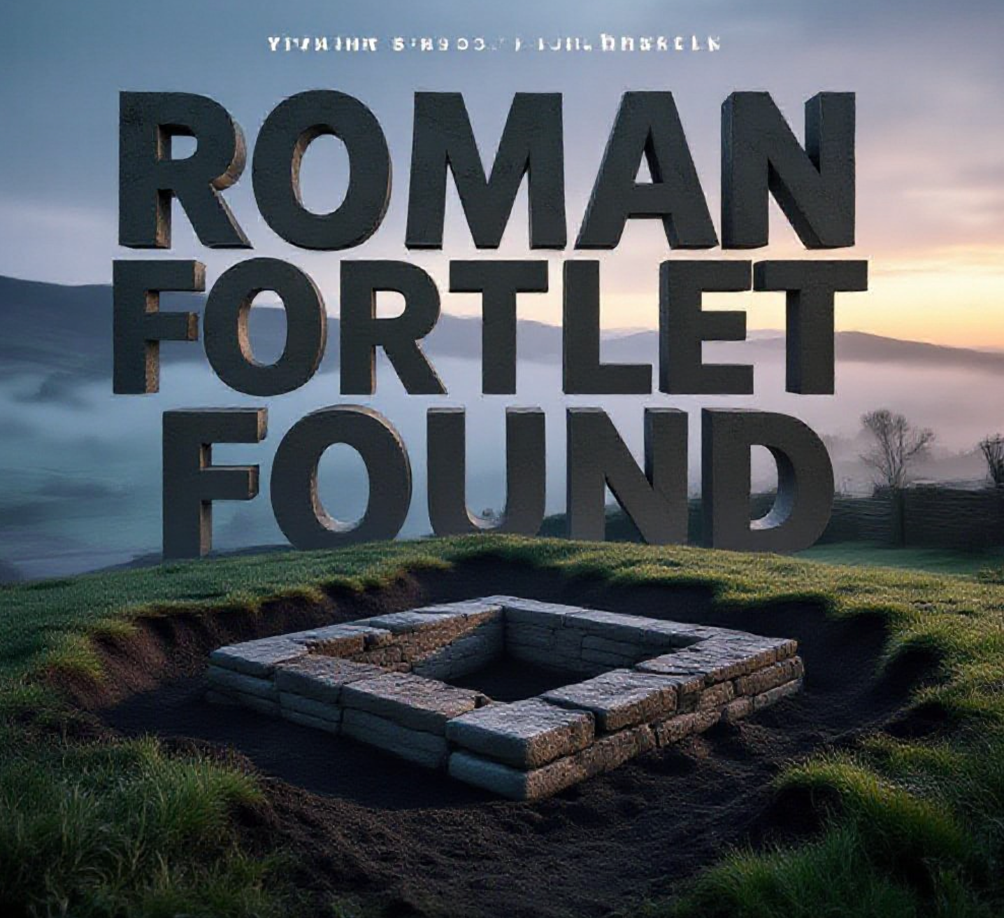 A viral, hyper-realistic YouTube thumbnail with a dramatic archaeological discovery atmosphere. The background is a misty Scottish hillside at dawn with the faint line of the Antonine Wall turf rampart visible. The composition uses a low-angle cinematic shot to focus on the main subject: a weathered Roman stone fortlet foundation emerging from modern suburban garden soil, with turf peeled back like a blanket. Image size should be 3:2.
The image features massive 3D typography with strict hierarchy:
The Primary Text reads exactly: 'ROMAN FORTLET FOUND'. This text is massive, the largest element in the frame, rendered in ancient weathered stone with moss and cracks to look like a high-budget 3D render.
The Secondary Text reads exactly: 'Under Scottish Gardens'. This text is significantly smaller, positioned below the main text. It features a thick, glowing orange border/outline (sticker style) to contrast against the misty background. Make sure text 2 is always different theme, style, effect and border compared to text 1.