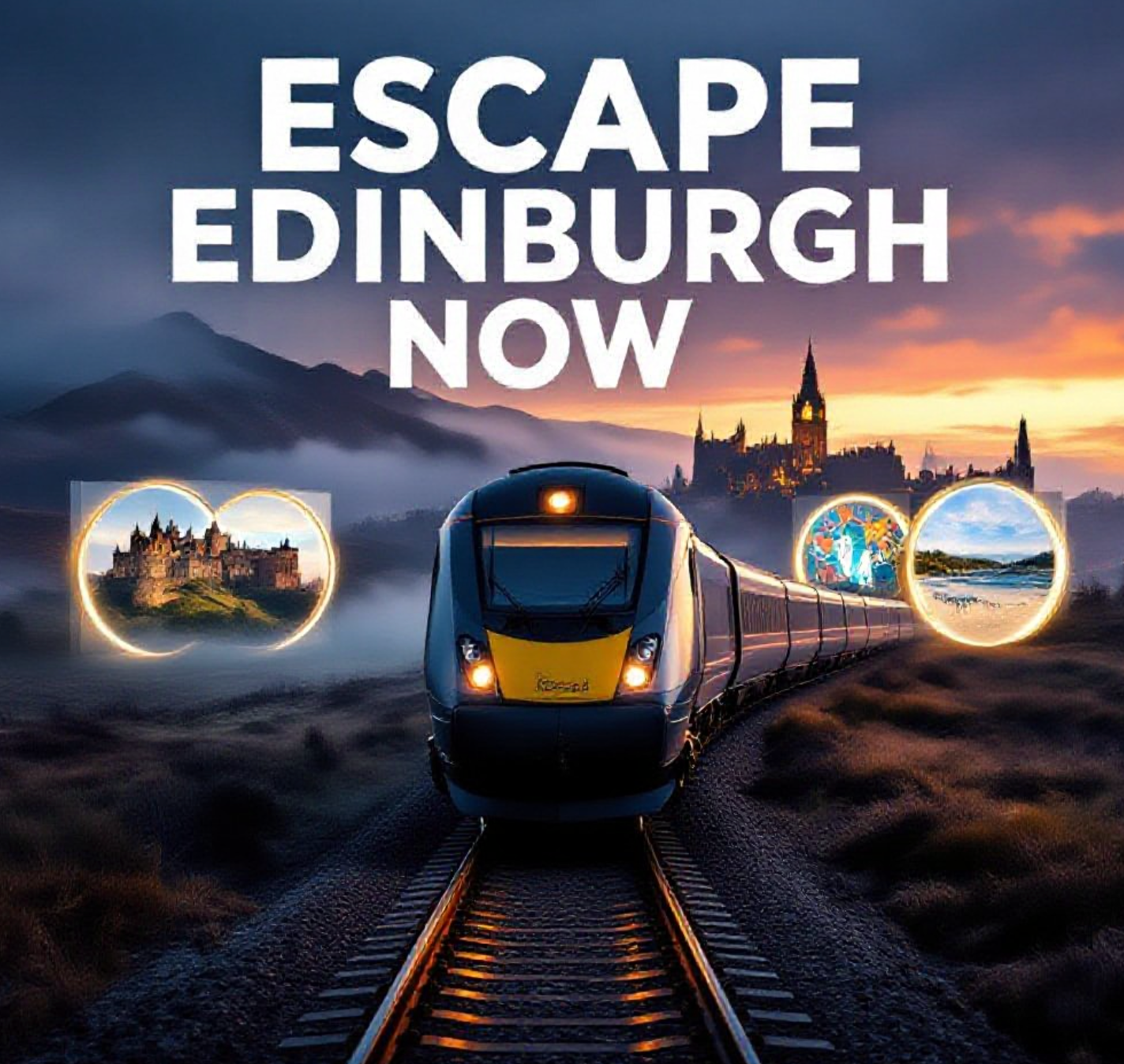 A viral, hyper-realistic YouTube thumbnail with a cinematic Scottish travel atmosphere. The background is a dramatic misty Highland landscape at golden hour with Edinburgh's skyline tiny in the distant background, while four glowing portals show Stirling Castle, Glasgow murals, V&A Dundee, and St Andrews beach. The composition uses a dramatic low-angle shot to focus on the main subject: a sleek silver ScotRail train speeding toward the viewer on glossy tracks. Image size should be 3:2.
The image features massive 3D typography with strict hierarchy:
The Primary Text reads exactly: 'Escape Edinburgh Now'. This text is massive, the largest element in the frame, rendered in molten gold with Celtic knot details to look like a high-budget 3D render.
The Secondary Text reads exactly: '4 Secret Local Spots'. This text is significantly smaller, positioned below the main text. It features a thick electric-blue glowing outline with subtle spark effects to contrast against the background. Make sure text 2 is always different theme, style, effect and border compared to text 1.