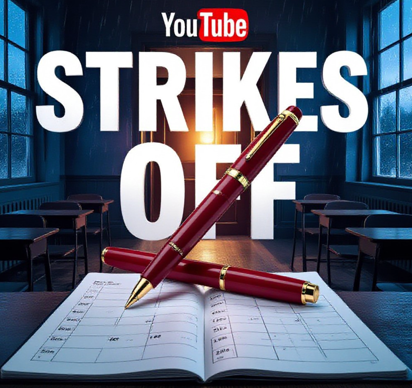 A viral, hyper-realistic YouTube thumbnail with a dramatic cinematic atmosphere. The background is a moody Scottish classroom at dusk with rain-streaked windows and warm light spilling from the door, empty desks in rows. The composition uses a low-angle shot to focus on the main subject: a large, weathered teacher's red correction pen lying victorious across an open class register. Image size should be 3:2.
The image features massive 3D typography with strict hierarchy:
The Primary Text reads exactly: 'STRIKES OFF'. This text is massive, the largest element in the frame, rendered in glowing gold chrome to look like a high-budget 3D render.
The Secondary Text reads exactly: 'Teachers Win 90 Mins'. This text is significantly smaller, positioned below the main text. It features a thick white border with red outline (sticker style) to contrast against the background. Make sure text 2 is always different theme, style, effect and border compared to text 1.