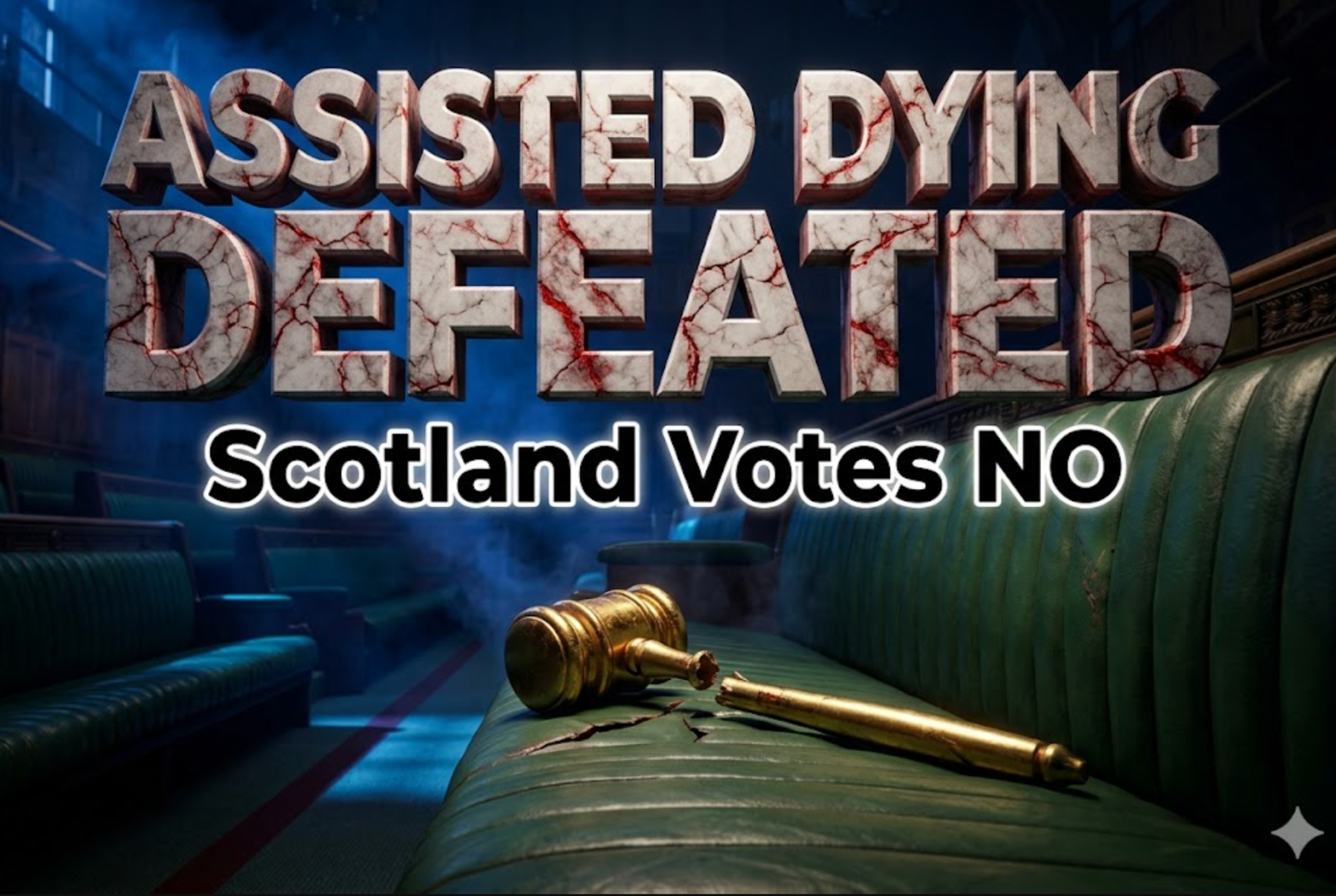 A viral, hyper-realistic YouTube thumbnail with a dramatic political atmosphere. The background is the dimly lit Holyrood chamber at night with deep blue Scottish Saltire lighting cutting through smoke. The composition uses a low-angle cinematic shot to focus on the main subject: a broken golden gavel lying on the green leather benches. Image size should be 3:2.
The image features massive 3D typography with strict hierarchy:
The Primary Text reads exactly: 'ASSISTED DYING DEFEATED'. This text is massive, the largest element in the frame, rendered in cracked marble with blood-red veins running through it to look like a high-budget 3D render.
The Secondary Text reads exactly: 'Scotland Votes NO'. This text is significantly smaller, positioned below the main text. It features a thick, glowing white border with subtle pulse effect to contrast against the dark background. 8k, Unreal Engine 5, cinematic render.