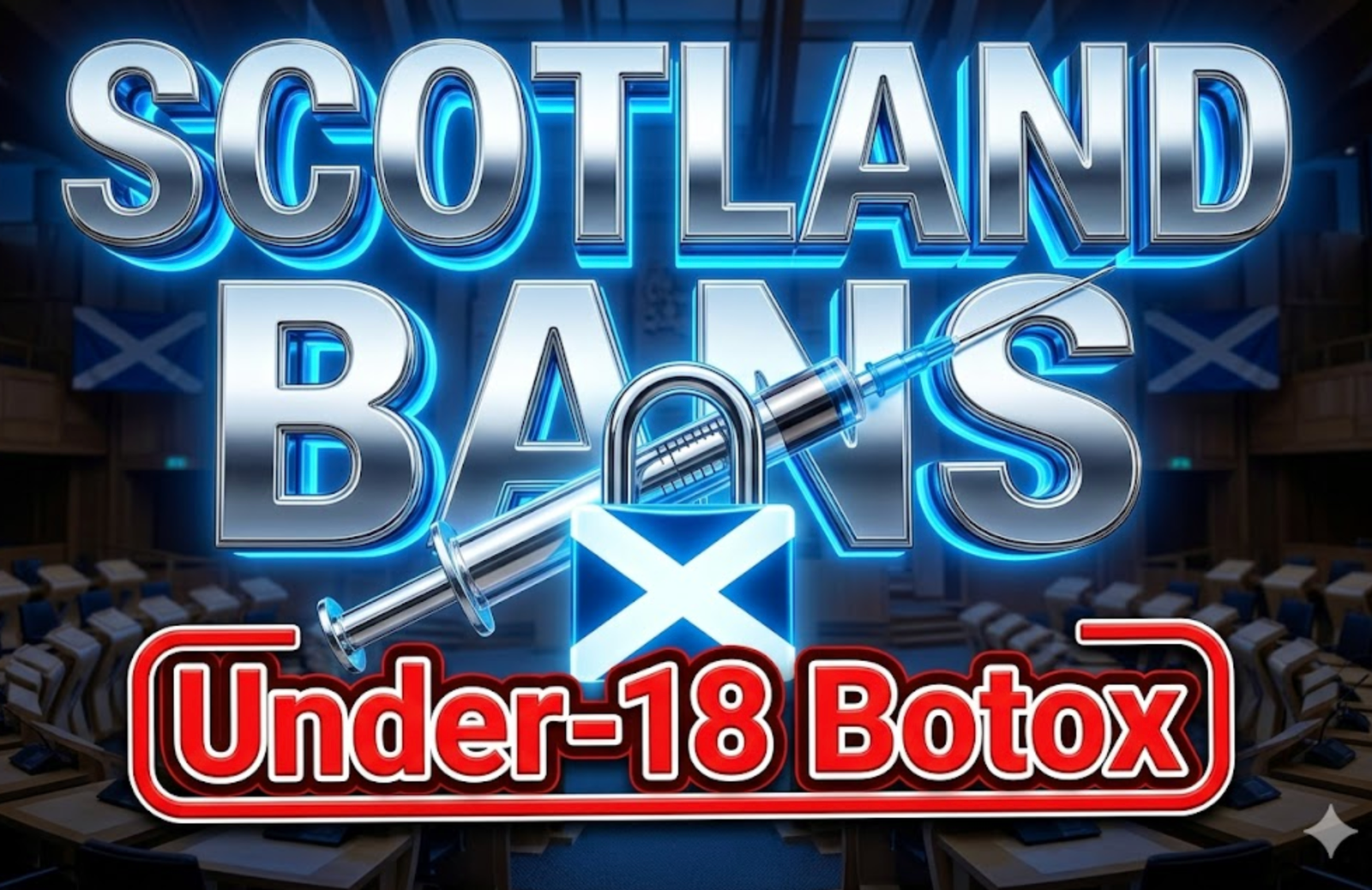 A viral, hyper-realistic YouTube thumbnail with a dramatic medical/political atmosphere. The background is the Scottish Parliament chamber at dusk with deep blue lighting and subtle Saltire flags. The composition uses a low-angle cinematic shot to focus on the main subject: a large, chrome medical syringe locked inside a glowing Scottish Saltire-shaped padlock. Image size should be 3:2. The image features massive 3D typography with strict hierarchy: The Primary Text reads exactly: 'SCOTLAND BANS'. This text is massive, the largest element in the frame, rendered in polished chrome metal with Scottish blue glow to look like a high-budget 3D render. The Secondary Text reads exactly: 'Under-18 Botox'. This text is significantly smaller, positioned below the main text. It features a thick red prohibition border/outline (sticker style) to contrast against the background. Make sure text 2 is always different theme, style, effect and border compared to text 1.