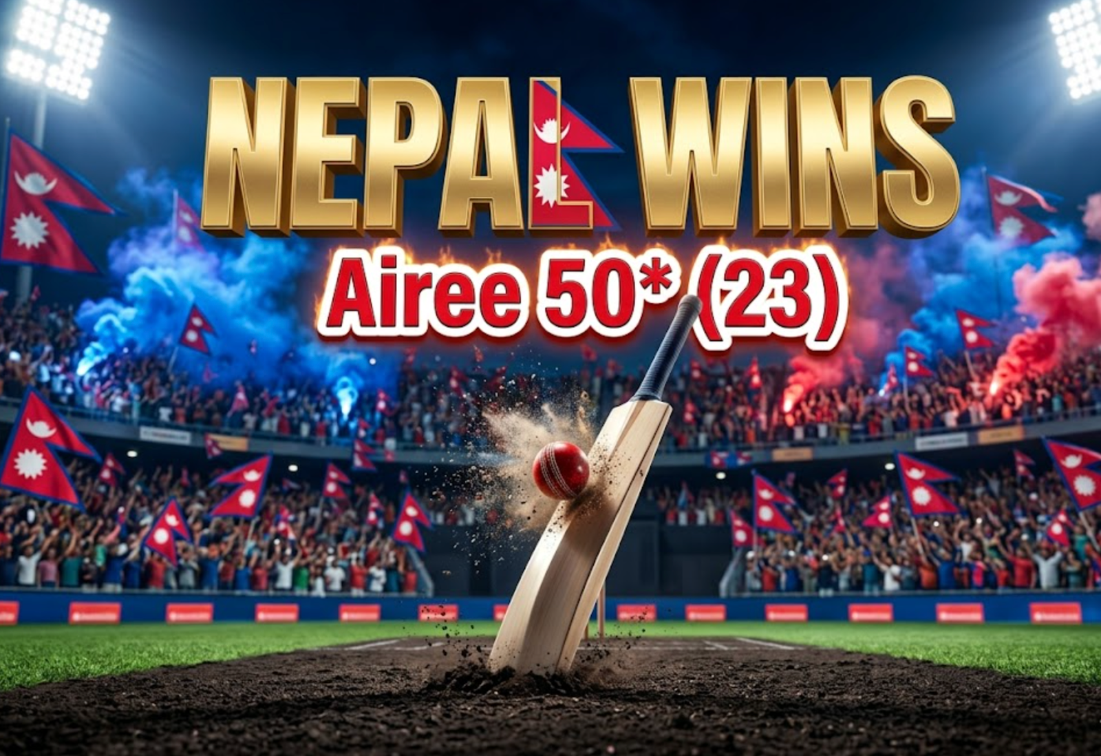 A viral, hyper-realistic YouTube thumbnail with a kinetic sports atmosphere. The background is a packed Wankhede Stadium at night with thousands of Nepal flags waving under floodlights and blue-red smoke flares. The composition uses a dramatic low angle to focus on the main subject: a gleaming cricket bat planted into the pitch with a red cricket ball exploding into particles on impact. Image size should be 3:2.
The image features massive 3D typography with strict hierarchy:
The Primary Text reads exactly: 'NEPAL WINS'. This text is massive, the largest element in the frame, rendered in metallic gold with red moon emblem of Nepal flag integrated into the lettering to look like a high-budget 3D render.
The Secondary Text reads exactly: 'Airee 50* (23)'. This text is significantly smaller, positioned below the main text. It features a thick white border with red outline in sticker style and subtle fire glow effect to contrast against the background. 8k, Unreal Engine 5, cinematic render.