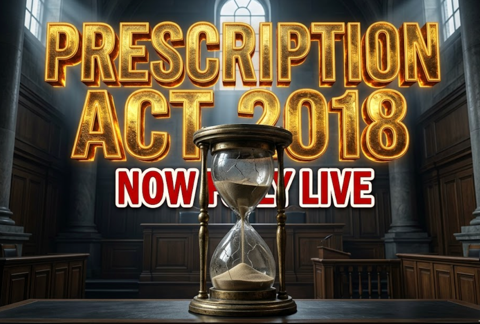 A viral, hyper-realistic YouTube thumbnail with a dramatic legal atmosphere. The background is a dark Edinburgh courtroom with heavy shadows and shafts of cold Scottish light cutting through high windows. The composition uses a low-angle shot to focus on the main subject: a massive ancient brass hourglass with sand running out fast, cracked glass, placed on the courtroom bench. Image size should be 3:2.
The image features massive 3D typography with strict hierarchy:
The Primary Text reads exactly: 'PRESCRIPTION ACT 2018'. This text is massive, the largest element in the frame, rendered in molten gold with glowing edges to look like a high-budget 3D render.
The Secondary Text reads exactly: 'NOW FULLY LIVE'. This text is significantly smaller, positioned below the main text. It features a thick, blood-red border/outline (sticker style) to contrast against the background. Make sure text 2 is always different theme, style, effect and border compared to text 1.