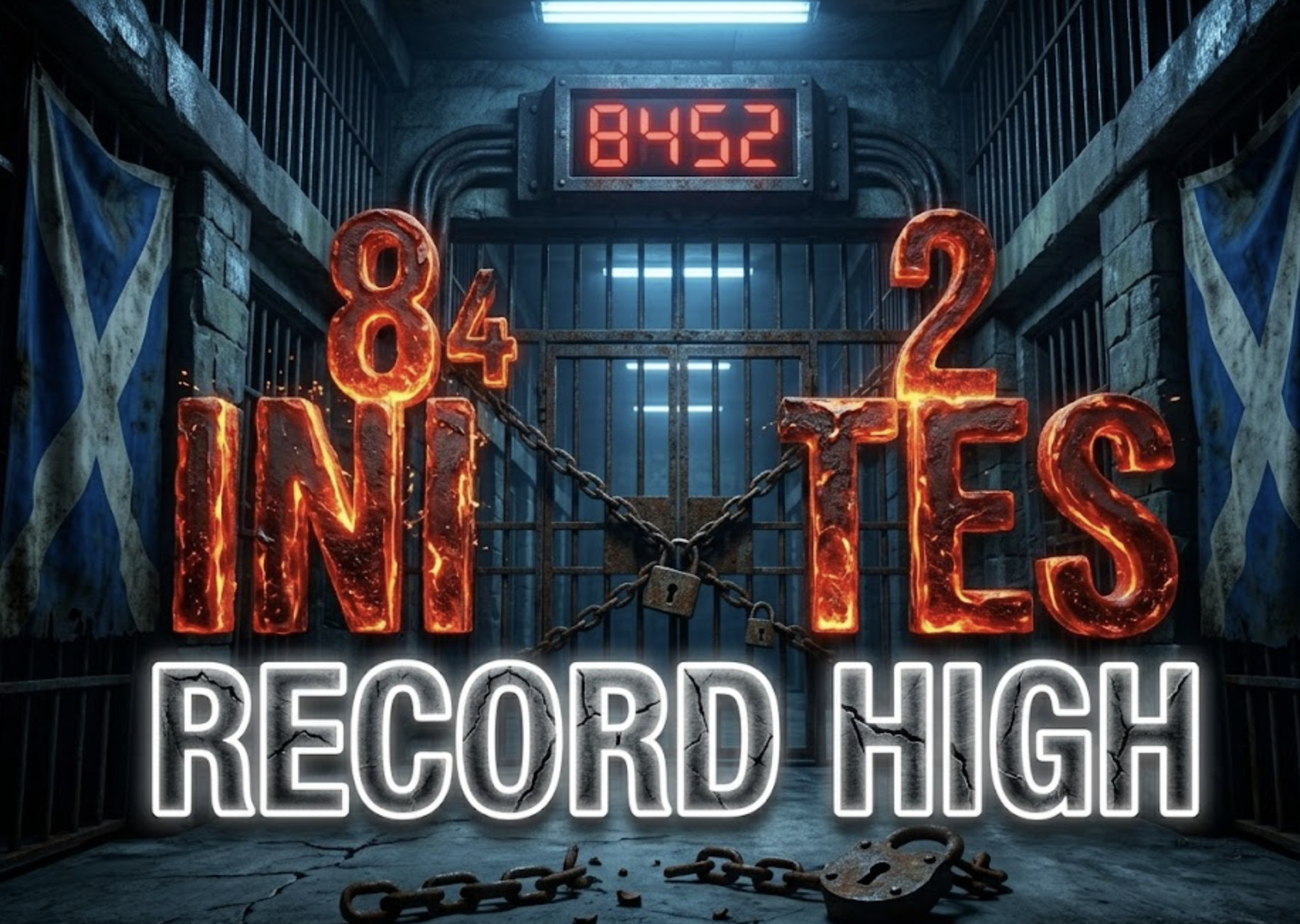 A viral, hyper-realistic YouTube thumbnail with a dark, tense crime/drama atmosphere. The background is a long, dimly lit Scottish prison corridor with cold blue fluorescent lighting and heavy shadows. The composition uses a dramatic low-angle shot to focus on the main subject: a massive, rusted iron prison gate locked with heavy chains and a glowing red "8452" population counter display. Image size should be 3:2. The image features massive 3D typography with strict hierarchy: The Primary Text reads exactly: '8452 INMATES'. This text is massive, the largest element in the frame, rendered in burning red molten metal to look like a high-budget 3D render. The Secondary Text reads exactly: 'RECORD HIGH'. This text is significantly smaller, positioned below the main text. It features a thick, white glowing outline with cracked texture to contrast against the background. Make sure text 2 is always different theme, style, effect and border compared to text 1.