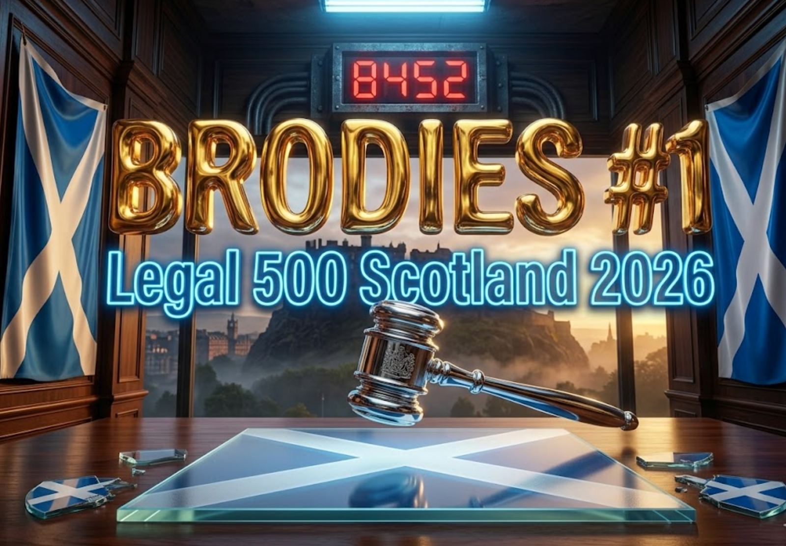 A viral, hyper-realistic YouTube thumbnail with a premium corporate atmosphere. The background is a dramatic Edinburgh skyline at dusk with golden hour light cutting through Scottish mist and the castle silhouette visible. The composition uses a low-angle cinematic shot to focus on the main subject: a massive, polished chrome gavel floating above a glass Scottish Saltire. Image size should be 3:2.
The image features massive 3D typography with strict hierarchy:
The Primary Text reads exactly: 'BRODIES #1'. This text is massive, the largest element in the frame, rendered in liquid gold chrome to look like a high-budget 3D render.
The Secondary Text reads exactly: 'Legal 500 Scotland 2026'. This text is significantly smaller, positioned below the main text. It features a thick electric-blue glowing outline to contrast against the background. 8k, Unreal Engine 5, cinematic render.