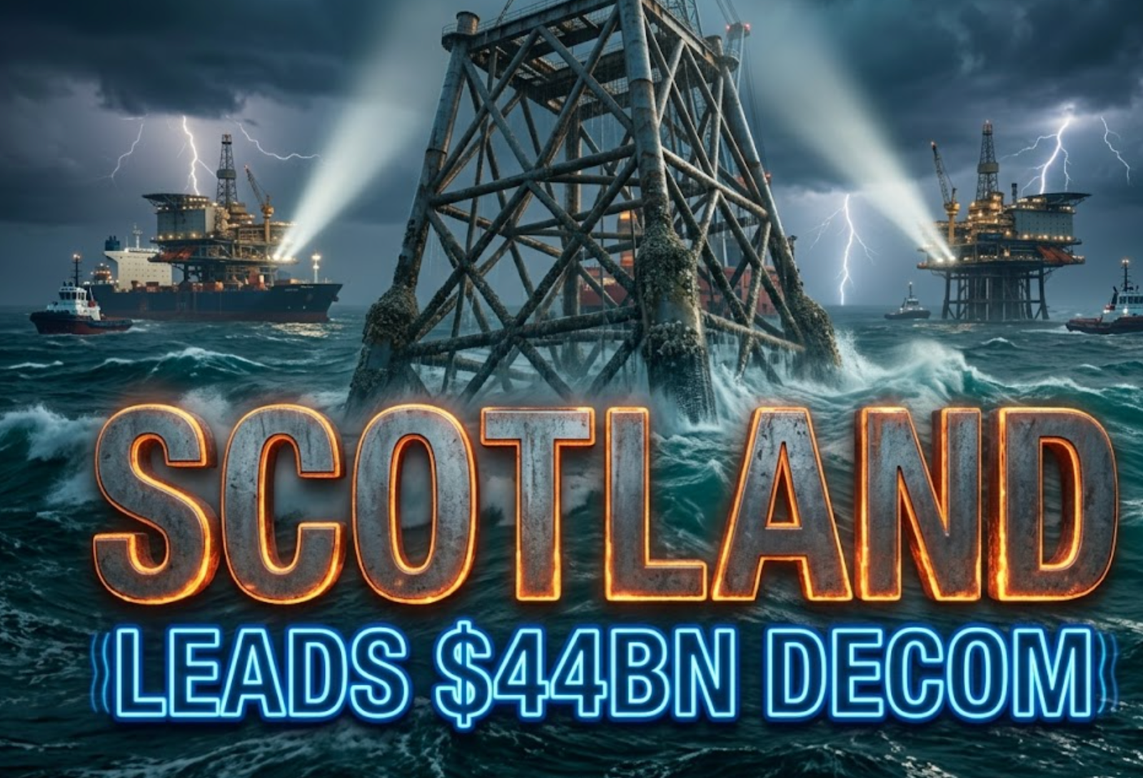 A viral, hyper-realistic YouTube thumbnail with a dramatic industrial North Sea atmosphere. The background is a stormy twilight ocean with massive decommissioned oil platforms being lifted by giant heavy-lift vessels under powerful floodlights and lightning flashes. The composition uses a dramatic low-angle shot to focus on the main subject: a huge steel platform jacket being hoisted out of the waves. Image size should be 3:2. The image features massive 3D typography with strict hierarchy: The Primary Text reads exactly: 'SCOTLAND'. This text is massive, the largest element in the frame, rendered in weathered North Sea steel with glowing orange molten edges like fresh-cut metal. The Secondary Text reads exactly: 'LEADS $44BN DECOM'. This text is significantly smaller, positioned below the main text with a thick electric-blue neon outline and subtle vibration effect. The text materials correspond to the story's concept. Crucial Instruction: There is absolutely NO other text, numbers, watermarks, or subtitles in this image other than these two specific lines. 8k, Unreal Engine 5, cinematic render.