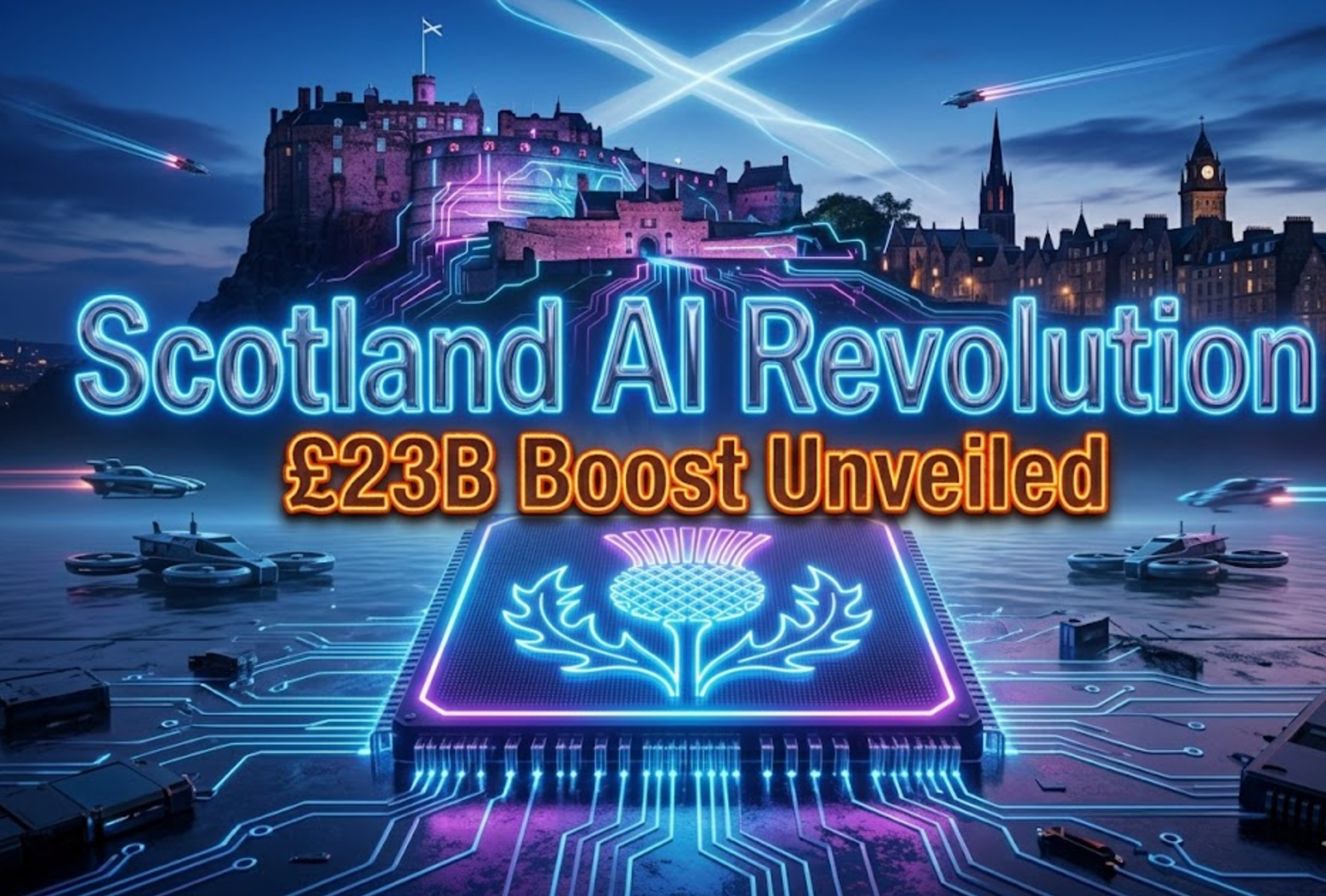 A viral, hyper-realistic YouTube thumbnail with a sleek cyberpunk tech atmosphere. The background is a dramatic Edinburgh skyline at twilight with glowing neon circuits flowing across the castle and old town like digital rivers, Scottish saltire subtly formed in light trails. The composition uses a low-angle cinematic shot to focus on the main subject: a massive, faceless glowing microchip shaped like a Scottish thistle. Image size should be 3:2. The image features massive 3D typography with strict hierarchy: The Primary Text reads exactly: 'Scotland AI Revolution'. This text is massive, the largest element in the frame, rendered in liquid chrome with electric blue edge glow to look like a high-budget 3D render. The Secondary Text reads exactly: '£23B Boost Unveiled'. This text is significantly smaller, positioned below the main text. It features a thick, fiery orange border/outline (sticker style) to contrast against the background. Make sure text 2 is always different theme, style, effect and border compared to text 1. The text materials correspond to the story's concept. Crucial Instruction: There is absolutely NO other text, numbers, watermarks, or subtitles in this image other than these two specific lines. 8k, Unreal Engine 5, cinematic render.