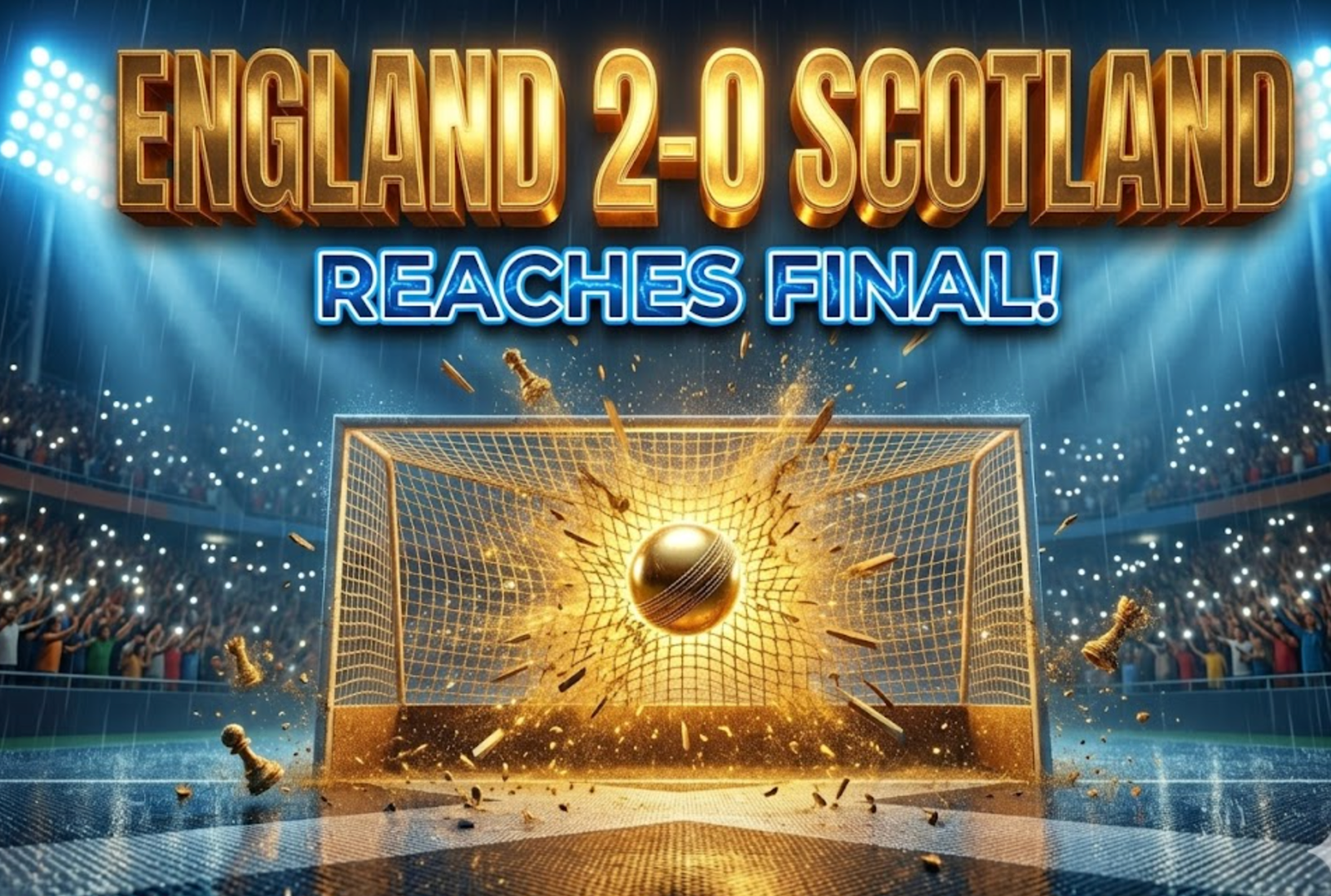 A viral, hyper-realistic YouTube thumbnail with a kinetic sports atmosphere. The background is a packed nighttime stadium in Hyderabad with blue and white floodlights cutting through light rain haze and thousands of phone flashlights. The composition uses a dramatic low angle to focus on the main subject: a gleaming hockey ball exploding into golden particles as it hits the back of the net. Image size should be 3:2.
The image features massive 3D typography with strict hierarchy:
The Primary Text reads exactly: 'ENGLAND 2-0 SCOTLAND'. This text is massive, the largest element in the frame, rendered in molten gold chrome with inner glow to look like a high-budget 3D render.
The Secondary Text reads exactly: 'REACHES FINAL!'. This text is significantly smaller, positioned below the main text with electric blue neon border and pulsing light effect to contrast against the background. Make sure text 2 is always different theme, style, effect and border compared to text 1.