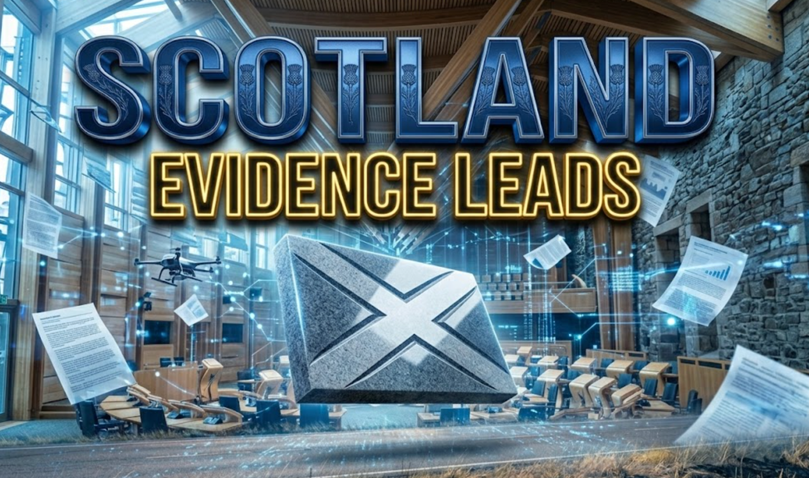 A viral, hyper-realistic YouTube thumbnail with a sleek Scottish governmental atmosphere. The background is the dramatic Scottish Parliament chamber in Holyrood mixed with Edinburgh's ancient stone walls subtly blended with glowing blue digital data streams and floating research papers. Cool Scottish morning light filters through tall windows. The composition uses a low-angle cinematic shot to focus on the main subject: a large, polished granite slab carved with the Saltire slowly rotating in mid-air. Image size should be 3:2.
The image features massive 3D typography with strict hierarchy:
The Primary Text reads exactly: 'SCOTLAND'. This text is massive, the largest element in the frame, rendered in deep metallic Scottish blue chrome with subtle thistle engraving to look like a high-budget 3D render.
The Secondary Text reads exactly: 'EVIDENCE LEADS'. This text is significantly smaller, positioned below the main text. It features a thick glowing gold outline with pulsing light effect to contrast against the background. 8k, Unreal Engine 5, cinematic render