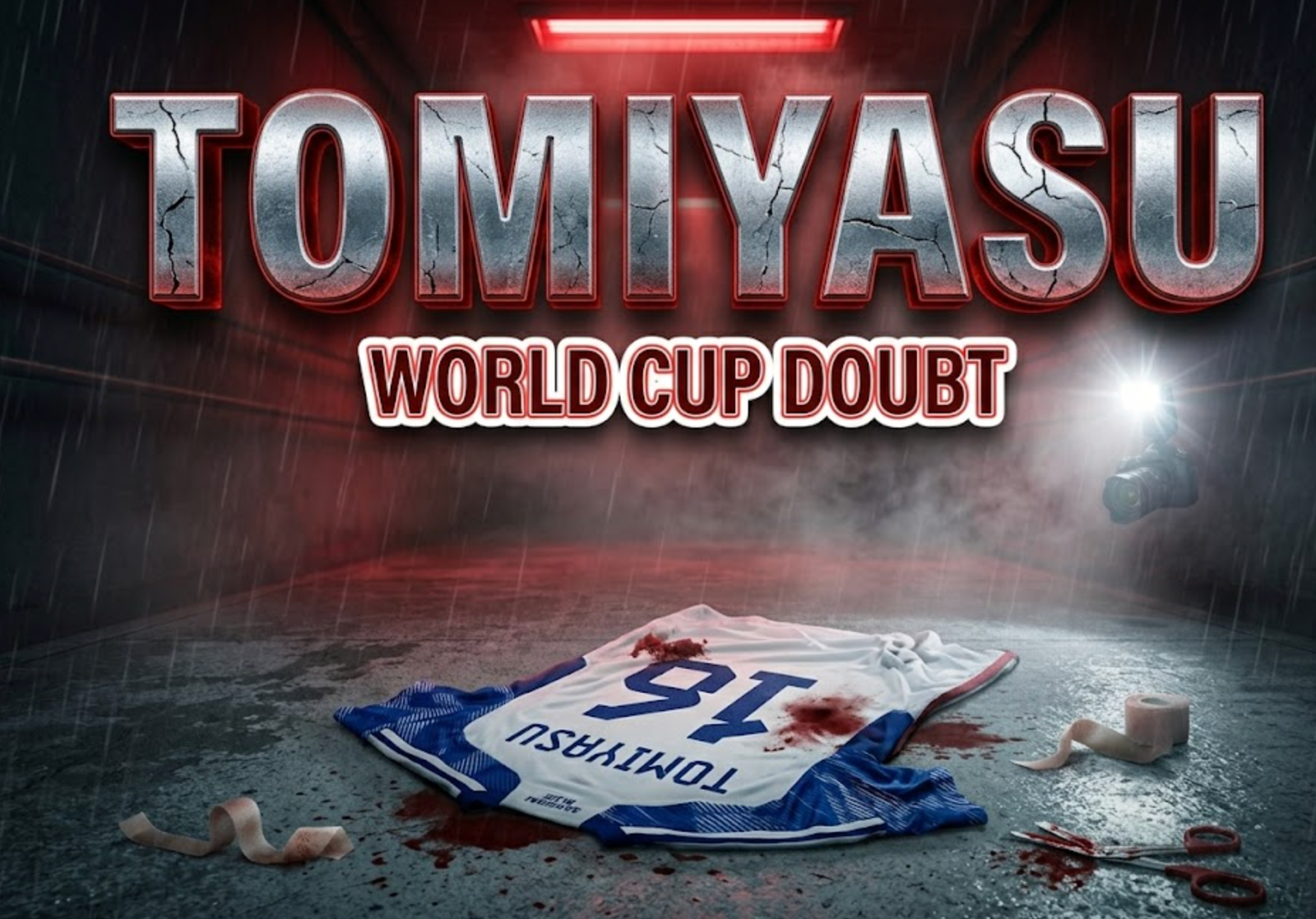 A viral, hyper-realistic YouTube thumbnail with a dramatic sports injury atmosphere. The background is a dark, moody stadium tunnel with red emergency lighting cutting through thick fog and rain. The composition uses a low-angle dramatic shot to focus on the main subject: a discarded Japan national team jersey number 16 lying crumpled on wet concrete with fresh blood stains and medical tape scattered around it. Image size should be 3:2.
The image features massive 3D typography with strict hierarchy:
The Primary Text reads exactly: 'TOMIYASU'. This text is massive, the largest element in the frame, rendered in cracked chrome metal with deep red glow edges to look like a high-budget 3D render.
The Secondary Text reads exactly: 'WORLD CUP DOUBT'. This text is significantly smaller, positioned below the main text. It features a thick white border with red outline sticker style and subtle shaking distortion effect. Make sure text 2 is always different theme, style, effect and border compared to text 1