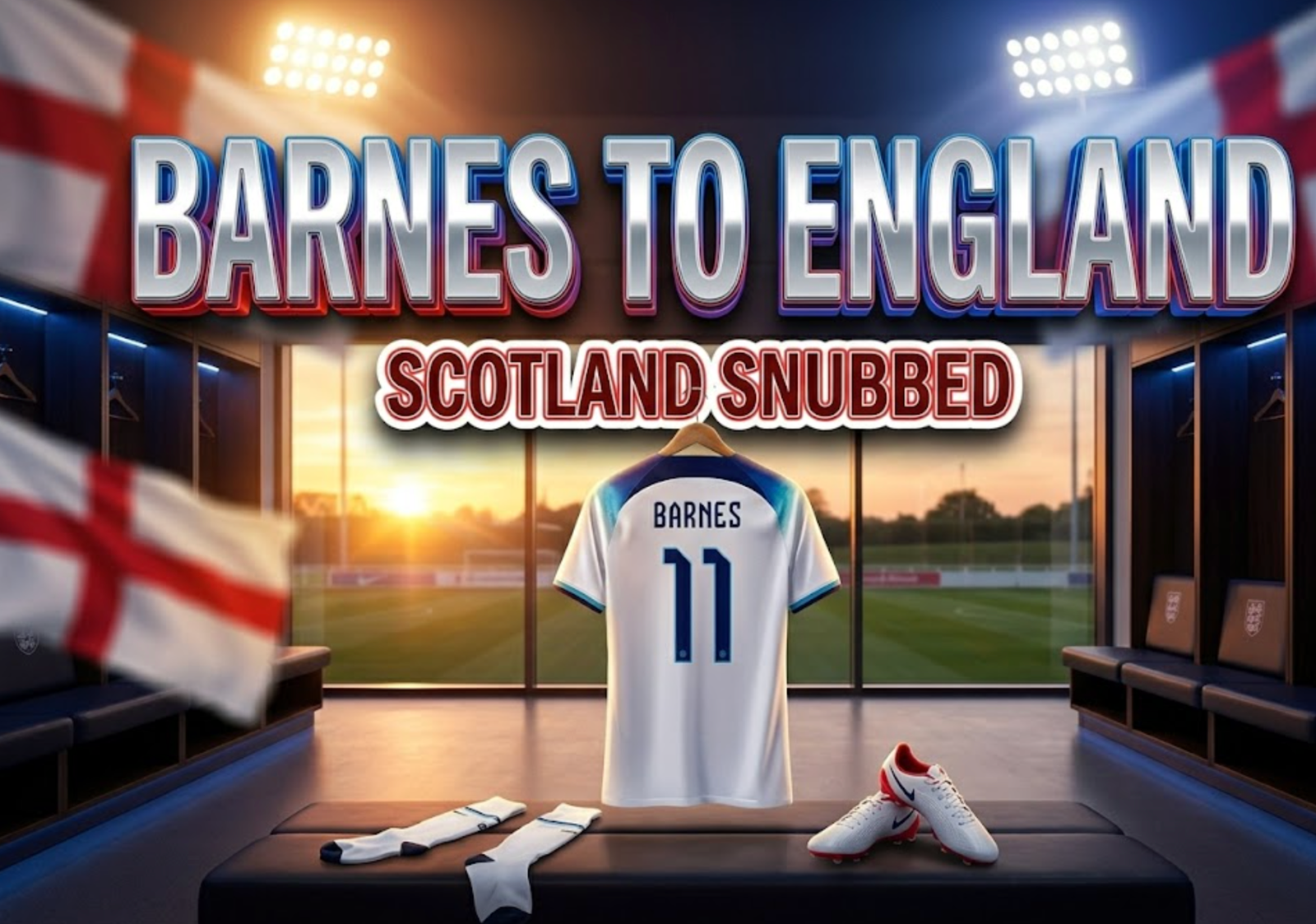 A viral, hyper-realistic YouTube thumbnail with a dramatic football stadium atmosphere. The background is St George's Park at golden hour with England flags waving and floodlights glowing. The composition uses a low heroic angle to focus on the main subject: a gleaming white England shirt with number 11 hanging in the locker room, name "BARNES" on the back. Image size should be 3:2. The image features massive 3D typography with strict hierarchy: The Primary Text reads exactly: 'BARNES TO ENGLAND'. This text is massive, the largest element in the frame, rendered in chrome silver with red and blue glowing edges to look like a high-budget 3D render. The Secondary Text reads exactly: 'SCOTLAND SNUBBED'. This text is significantly smaller, positioned below the main text. It features a thick white border with red outline (sticker style) to contrast against the background. Make sure text 2 is always different theme, style, effect and border compared to text 1. The text materials correspond to the story's concept. Crucial Instruction: There is absolutely NO other text, numbers, watermarks, or subtitles in this image other than these two specific lines. 8k, Unreal Engine 5, cinematic render.