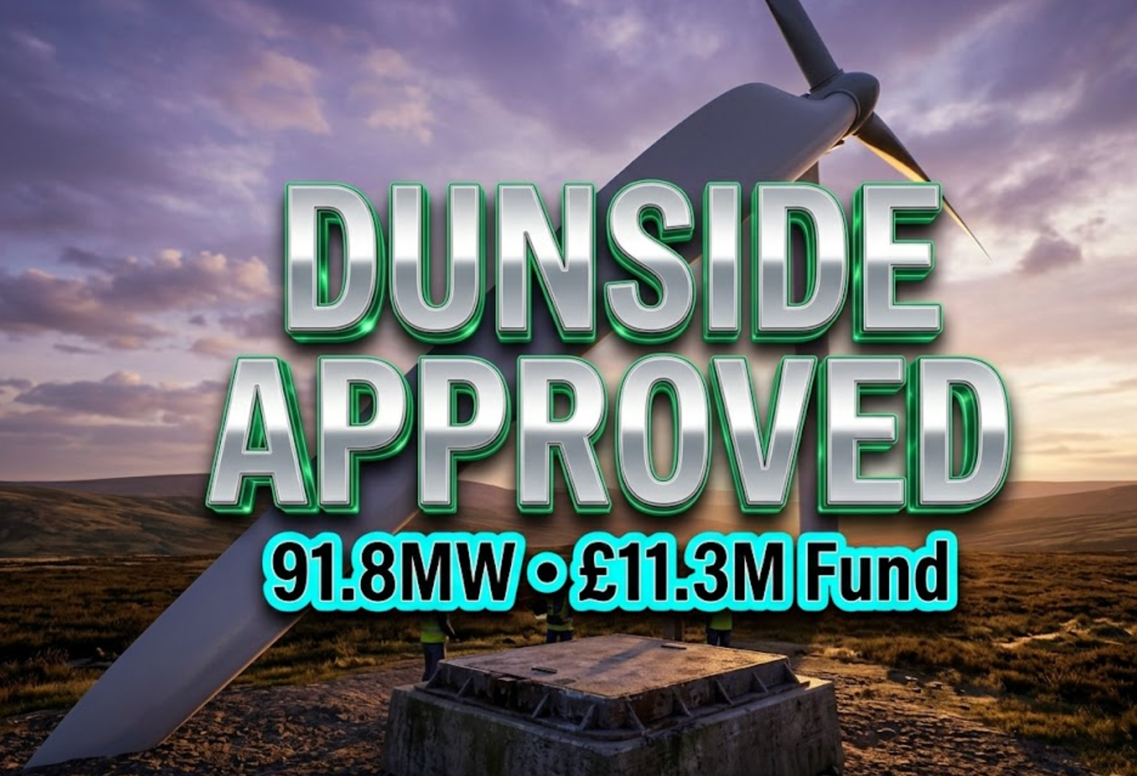 A viral, hyper-realistic YouTube thumbnail with a dramatic renewable energy atmosphere. The background is a moody, golden-hour Scottish moorland with rolling Lammermuir Hills under massive purple-orange skies and scattered clouds. The composition uses a low-angle cinematic shot to focus on the main subject: a towering, sleek modern wind turbine blade slicing through the frame. Image size should be 3:2.
The image features massive 3D typography with strict hierarchy:
The Primary Text reads exactly: 'DUNSIDE APPROVED'. This text is massive, the largest element in the frame, rendered in polished chrome silver with subtle green energy glow edges to look like a high-budget 3D render.
The Secondary Text reads exactly: '91.8MW • £11.3M Fund'. This text is significantly smaller, positioned below the main text. It features a thick, electric-cyan sticker-style outline to pop against the sky. 8k, Unreal Engine 5, cinematic render.