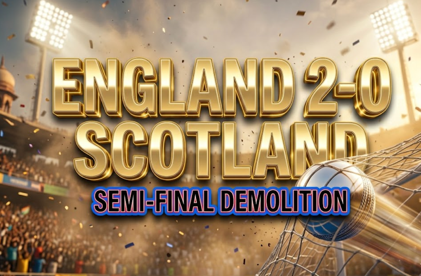 A viral, hyper-realistic YouTube thumbnail with a kinetic sports atmosphere. The background is a packed Hyderabad hockey stadium at golden hour with dramatic floodlights cutting through dust and confetti. The composition uses a dramatic low angle to focus on the main subject: a gleaming hockey ball blasting into the net with motion blur trails. Image size should be 3:2.
The image features massive 3D typography with strict hierarchy:
The Primary Text reads exactly: 'ENGLAND 2-0 SCOTLAND'. This text is massive, the largest element in the frame, rendered in polished gold chrome with glowing edge lights to look like a high-budget 3D render.
The Secondary Text reads exactly: 'SEMI-FINAL DEMOLITION'. This text is significantly smaller, positioned below the main text. It features a thick electric blue outline with red inner glow sticker style to contrast against the background. Make sure text 2 is always different theme, style, effect and border compared to text 1.