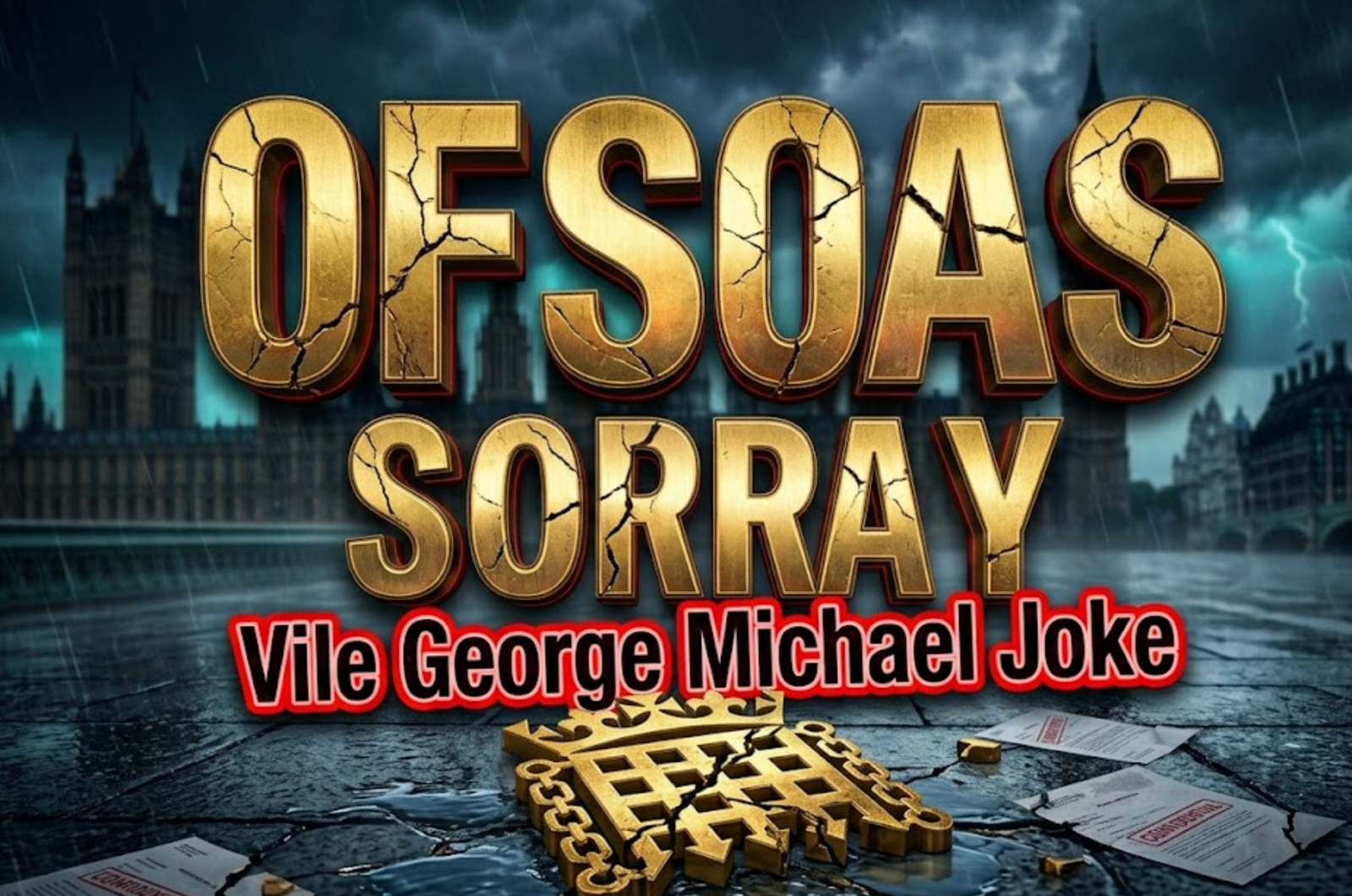 A viral, hyper-realistic YouTube thumbnail with a dark political scandal atmosphere. The background is a moody Scottish night sky over the Houses of Parliament mixed with subtle Reform UK teal colour flashes and faint rain. The composition uses a dramatic low angle to focus on the main subject: a broken golden House of Lords badge lying cracked on wet Westminster pavement. Image size should be 3:2. The image features massive 3D typography with strict hierarchy: The Primary Text reads exactly: 'OFFORD SORRY'. This text is massive, the largest element in the frame, rendered in cracked gold chrome to look like a high-budget 3D render. The Secondary Text reads exactly: 'Vile George Michael Joke'. This text is significantly smaller, positioned below the main text. It features a thick, blood-red border/outline (sticker style) to contrast against the background. Make sure text 2 is always different theme, style, effect and border compared to text 1.