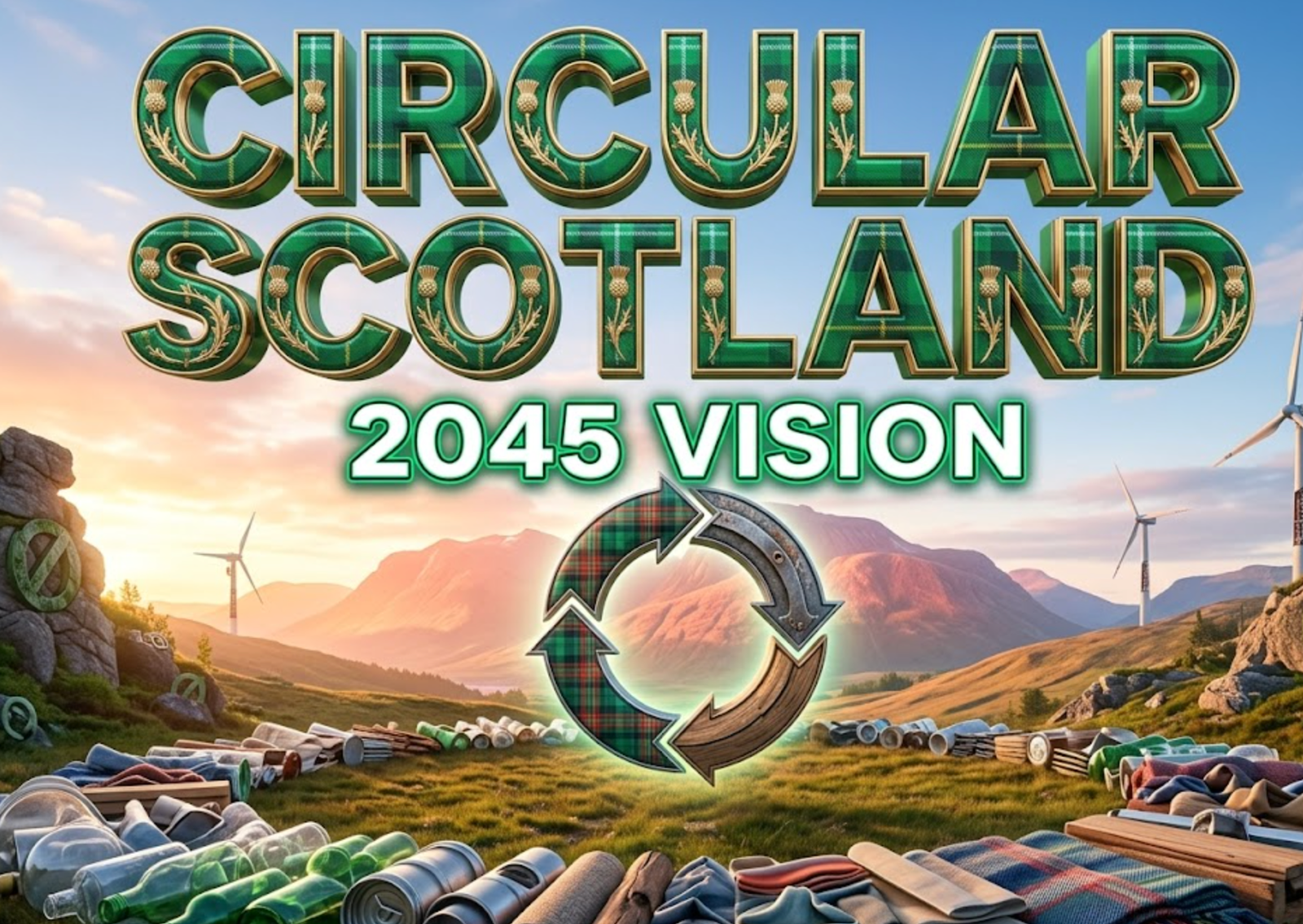 A viral, hyper-realistic YouTube thumbnail with a hopeful Scottish green future atmosphere. The background is a stunning Highland landscape at sunrise with zero waste symbols seamlessly integrated into nature, recycled materials forming a perfect circle around Ben Nevis, wind turbines made of repaired parts and clear blue skies. The composition uses an epic wide cinematic angle to focus on the main subject: a massive glowing circular economy symbol made of reused Scottish materials floating above the landscape. Image size should be 3:2. The image features massive 3D typography with strict hierarchy: The Primary Text reads exactly: 'CIRCULAR SCOTLAND'. This text is massive, the largest element in the frame, rendered in living green tartan chrome with golden thistle details to look like a high-budget 3D render. The Secondary Text reads exactly: '2045 VISION'. This text is significantly smaller, positioned below with a thick white glow and pulsing emerald outline to contrast against the dawn sky. The text materials correspond to the story's concept. Crucial Instruction: There is absolutely NO other text, numbers, watermarks, or subtitles in this image other than these two specific lines. 8k, Unreal Engine 5, cinematic render.