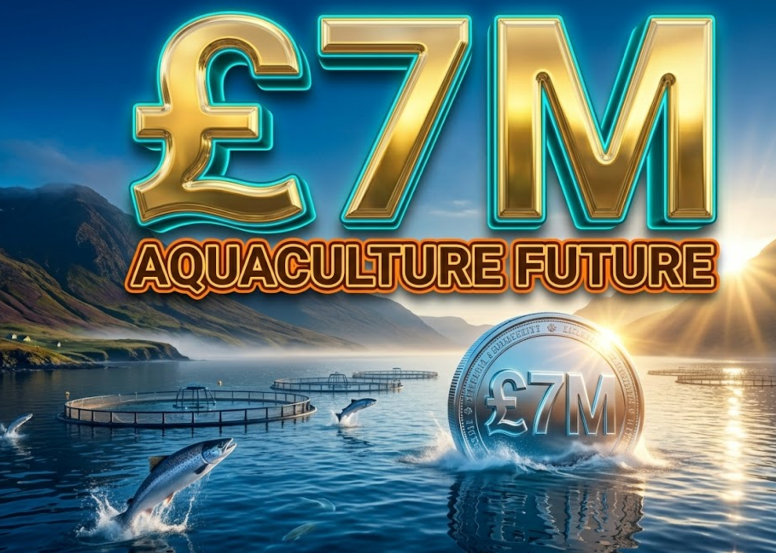 A viral, hyper-realistic YouTube thumbnail with a deep blue-ocean sustainable atmosphere. The background is a dramatic Scottish sea loch at sunrise with salmon jumping through crystal water and modern fish farm circles in the distance, golden light rays cutting through mist. The composition uses a wide cinematic angle to focus on the main subject: a massive glowing chrome £7M coin breaking the surface like a rising sun. Image size should be 3:2. The image features massive 3D typography with strict hierarchy: The Primary Text reads exactly: '£7M'. This text is massive, the largest element in the frame, rendered in liquid gold chrome with electric aqua glow edges to look like a high-budget 3D render. The Secondary Text reads exactly: 'AQUACULTURE FUTURE'. This text is significantly smaller, positioned below the main text. It features a thick, vibrant orange border/outline (sticker style) to contrast against the background. Make sure text 2 is always different theme, style, effect and border compared to text 1.