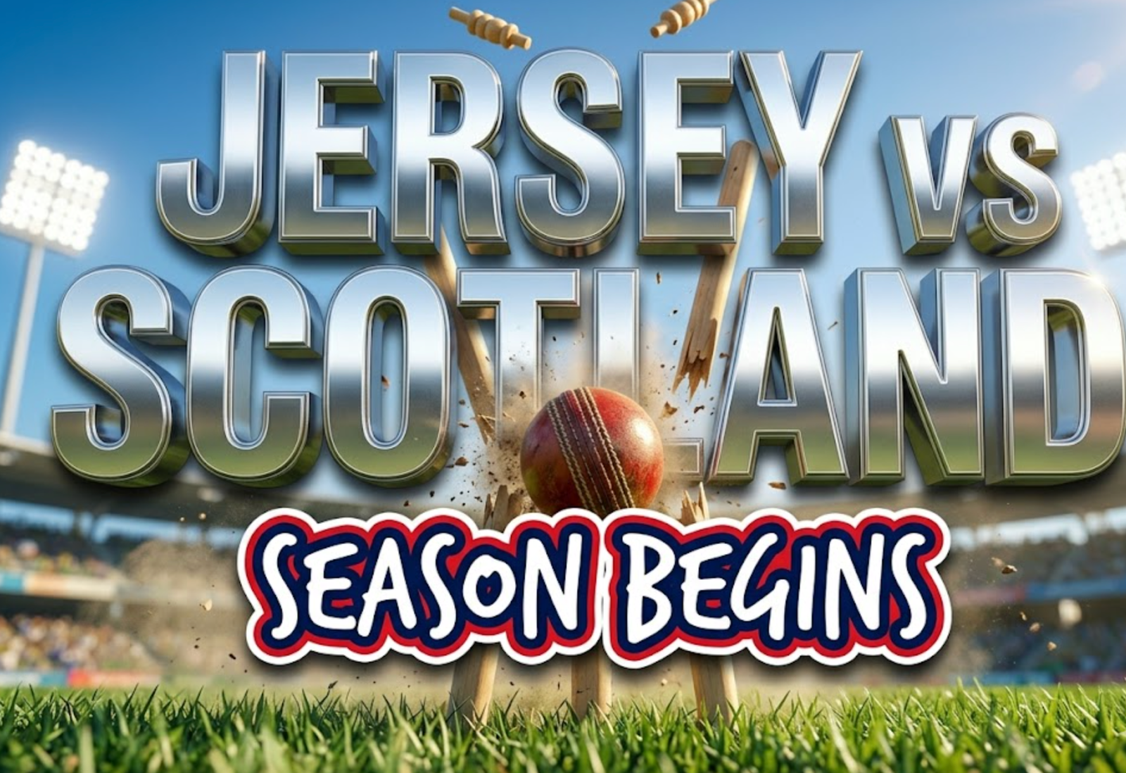 A viral, hyper-realistic YouTube thumbnail with a Sports/Kinetic atmosphere. The background is a sunny, vibrant Grainville Cricket Ground with lush green grass and bright stadium lights. The composition uses a Low Angle to focus on the main subject: a detailed Cricket Ball smashing into Stumps. Image size should be 3:2. The image features massive 3D typography with strict hierarchy: The Primary Text reads exactly: 'JERSEY vs SCOTLAND'. This text is massive, the largest element in the frame, rendered in Chrome to look like a high-budget 3D render. The Secondary Text reads exactly: 'SEASON BEGINS'. This text is significantly smaller, positioned below or next to the main text. It features a thick, distinct color border/outline (sticker style) to contrast against the background. Make sure text 2 is always different theme, style, effect and border compared to text 1