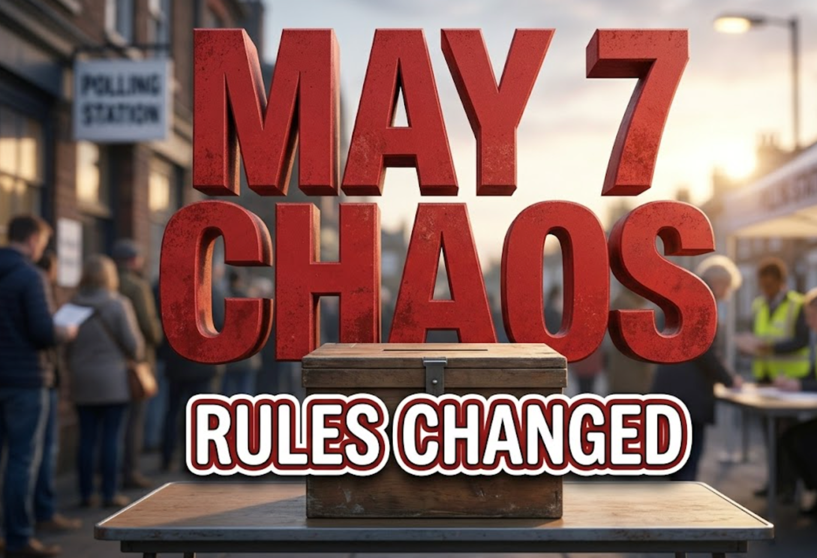 A viral, hyper-realistic YouTube thumbnail with a Kinetic Political atmosphere. The background is a blurred, bustling UK polling station exterior at dawn with soft, dramatic rim lighting. The composition uses a Low Angle to focus on the main subject: a weathered, wooden Ballot Box sitting on a table. Image size should be 3:2. The image features massive 3D typography with strict hierarchy: The Primary Text reads exactly: 'MAY 7 CHAOS'. This text is massive, the largest element in the frame, rendered in Matte Red with a subtle grunge texture to look like a high-budget 3D render. The Secondary Text reads exactly: 'RULES CHANGED'. This text is significantly smaller, positioned below the main text. It features a thick, distinct white border/outline (sticker style) to contrast against the background. Make sure text 2 is always different theme, style, effect and border compared to text 1.