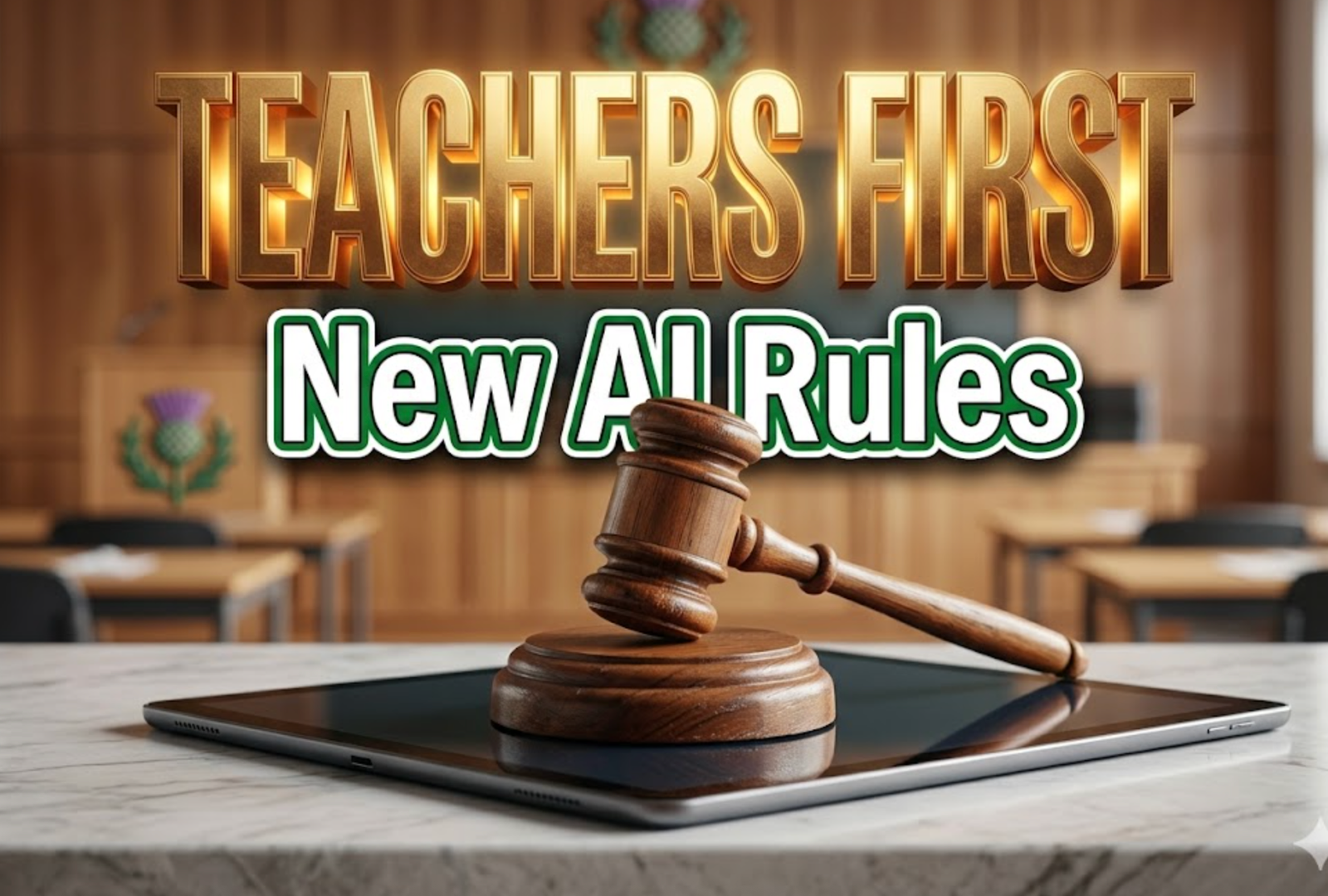 A viral, hyper-realistic YouTube thumbnail with a Sleek Tech atmosphere. The background is a warm, modern Scottish classroom with soft, natural Lighting. The composition uses a Macro Angle to focus on the main subject: a Detailed Faceless Wooden Gavel resting on a digital tablet. Image size should be 3:2. The image features massive 3D typography with strict hierarchy: The Primary Text reads exactly: 'TEACHERS FIRST'. This text is massive, the largest element in the frame, rendered in Gold to look like a high-budget 3D render. The Secondary Text reads exactly: 'New AI Rules'. This text is significantly smaller, positioned below or next to the main text. It features a thick, distinct color border/outline (sticker style) to contrast against the background. Make sure text 2 is always different theme, style, effect and border compared to text 1.