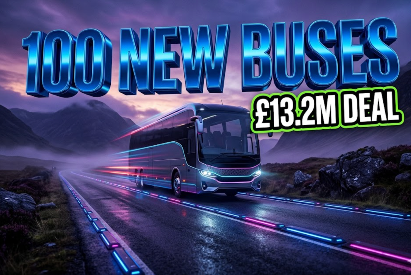 A viral, hyper-realistic YouTube thumbnail with a Tech/Neon atmosphere. The background is a misty, dramatic Scottish Highland road at twilight with futuristic LED road markers. The composition uses a low-angle shot to focus on the main subject: a sleek, modern electric coach bus speeding forward, motion blurred slightly. Image size should be 3:2. The image features massive 3D typography with strict hierarchy: The Primary Text reads exactly: '100 NEW BUSES'. This text is massive, the largest element in the frame, rendered in Electric Blue Chrome to look like a high-budget 3D render. The Secondary Text reads exactly: '£13.2M DEAL'. This text is significantly smaller, positioned below the main text. It features a thick, distinct neon green border/outline (sticker style) to contrast against the background. Make sure text 2 is always different theme, style, effect and border compared to text 1.