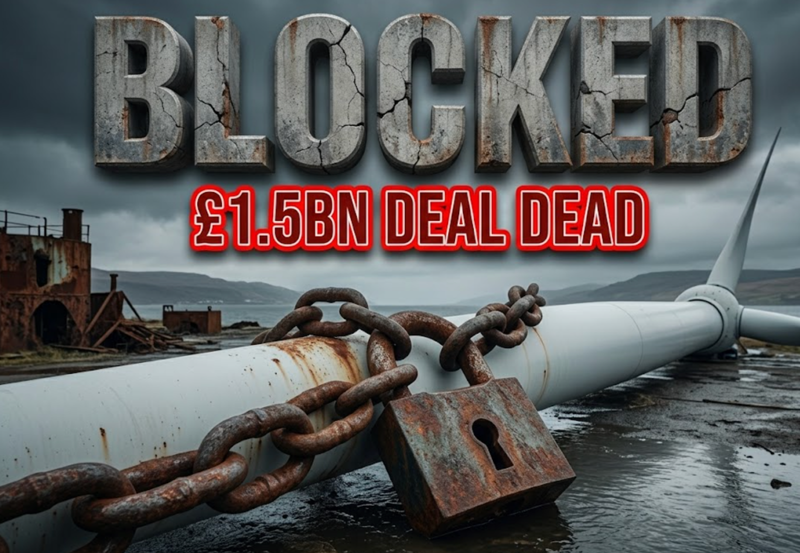 A viral, hyper-realistic YouTube thumbnail with a Cold War thriller atmosphere. The background is a moody, overcast Scottish coastline featuring the vast, empty Ardersier Port with rusted industrial remnants and stormy grey skies. The composition uses a Low Angle to focus on the main subject: a giant, rusted steel chain padlock wrapped around a modern white wind turbine blade lying on the ground. Image size should be 3:2. The image features massive 3D typography with strict hierarchy: The Primary Text reads exactly: 'BLOCKED'. This text is massive, the largest element in the frame, rendered in Cracked Concrete and Steel to look like a high-budget 3D render. The Secondary Text reads exactly: '£1.5BN DEAL DEAD'. This text is significantly smaller, positioned below or next to the main text. It features a thick, distinct Red Warning Tape border/outline (sticker style) to contrast against the background. Make sure text 2 is always different theme, style, effect and border compared to text 1.