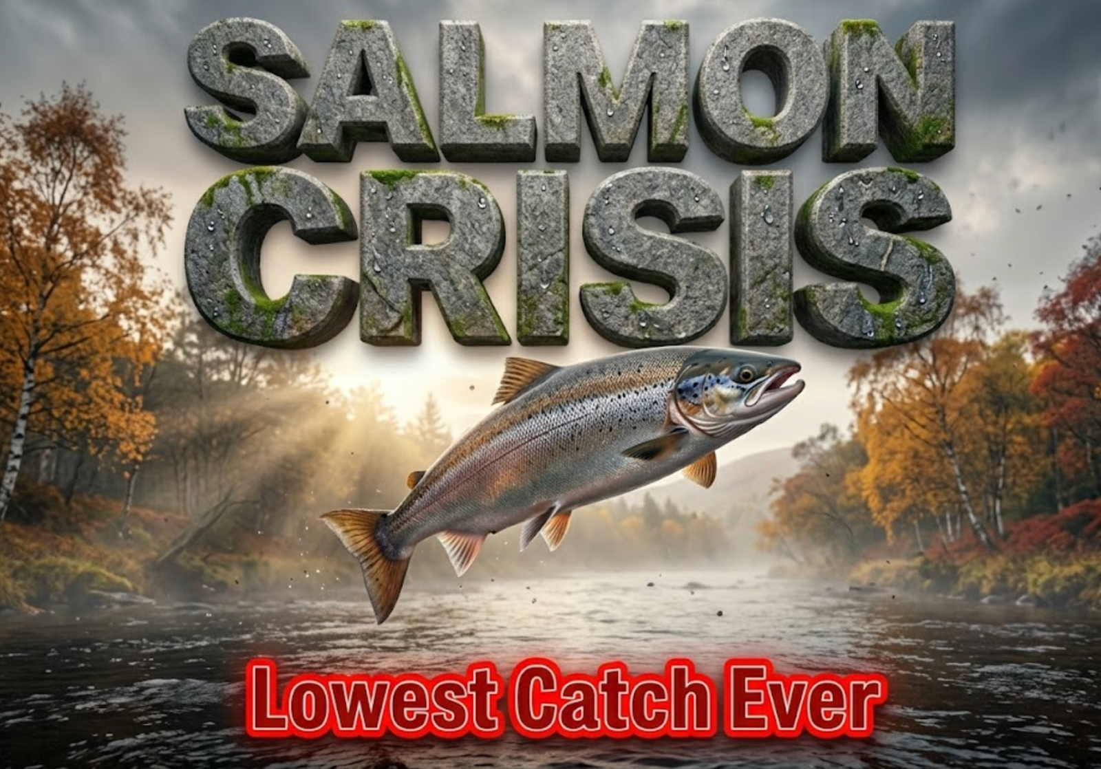 A viral, hyper-realistic YouTube thumbnail with a dramatic Scottish Highlands atmosphere. The background is a misty Scottish river at dawn with dark peaty water and autumn birch trees, moody Scottish weather with soft God rays breaking through heavy clouds. The composition uses a low dramatic angle looking up the river to focus on the main subject: a single leaping wild Atlantic salmon frozen mid-jump above the water, scales catching the light. Image size should be 3:2.
The image features massive 3D typography with strict hierarchy:
The Primary Text reads exactly: 'SALMON CRISIS'. This text is massive, the largest element in the frame, rendered in weathered Scottish granite stone with moss and water droplets to look like a high-budget 3D render.
The Secondary Text reads exactly: 'Lowest Catch Ever'. This text is significantly smaller, positioned below the main text. It features a thick, glowing red border/outline (warning sticker style) to contrast against the background. Make sure text 2 is always different theme, style, effect and border compared to text 1.